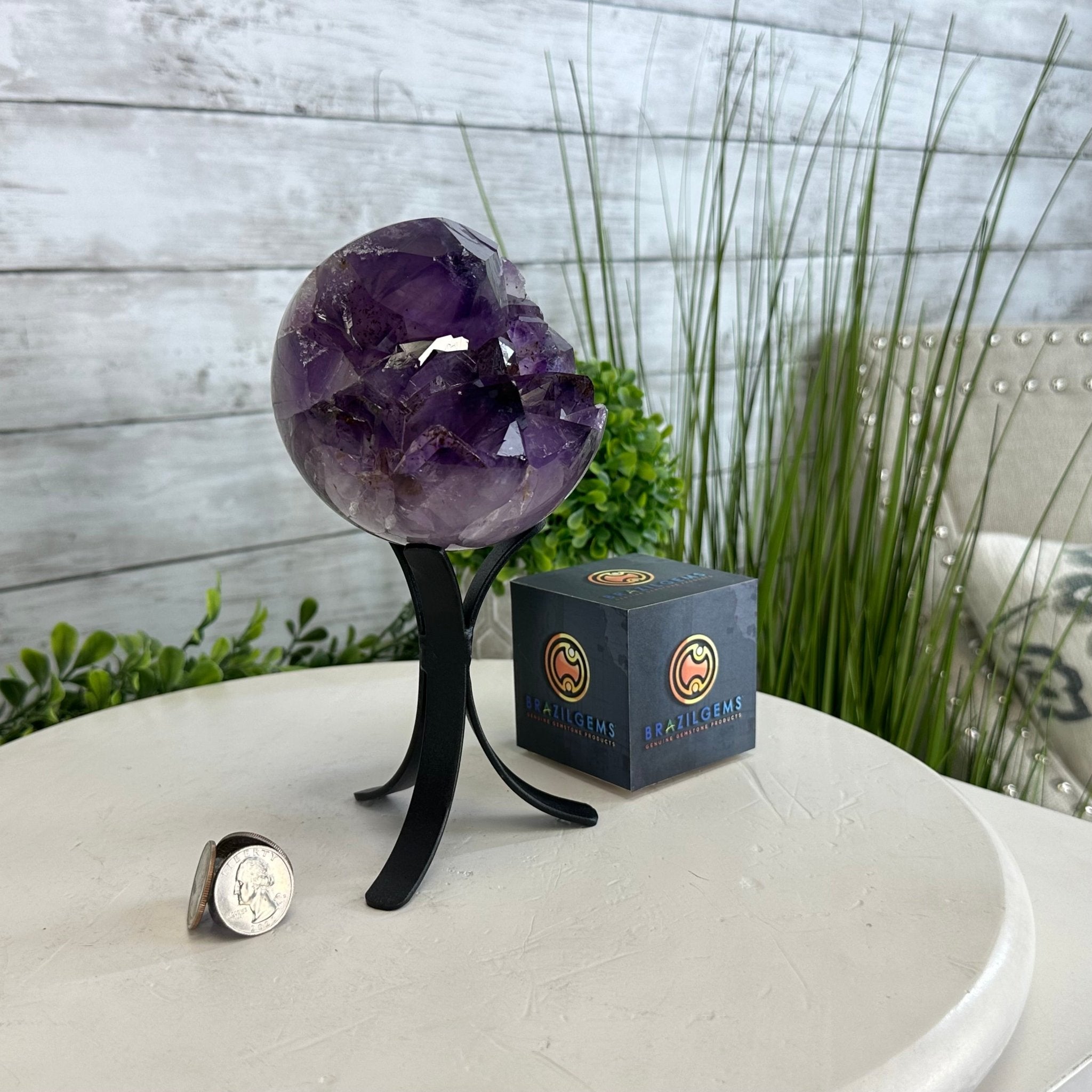 Extra Plus Druzy Amethyst Sphere on a Metal Stand, 2.3 lbs & 7.5" Tall #5630-0045 - Brazil GemsBrazil GemsExtra Plus Druzy Amethyst Sphere on a Metal Stand, 2.3 lbs & 7.5" Tall #5630-0045Spheres5630-0045