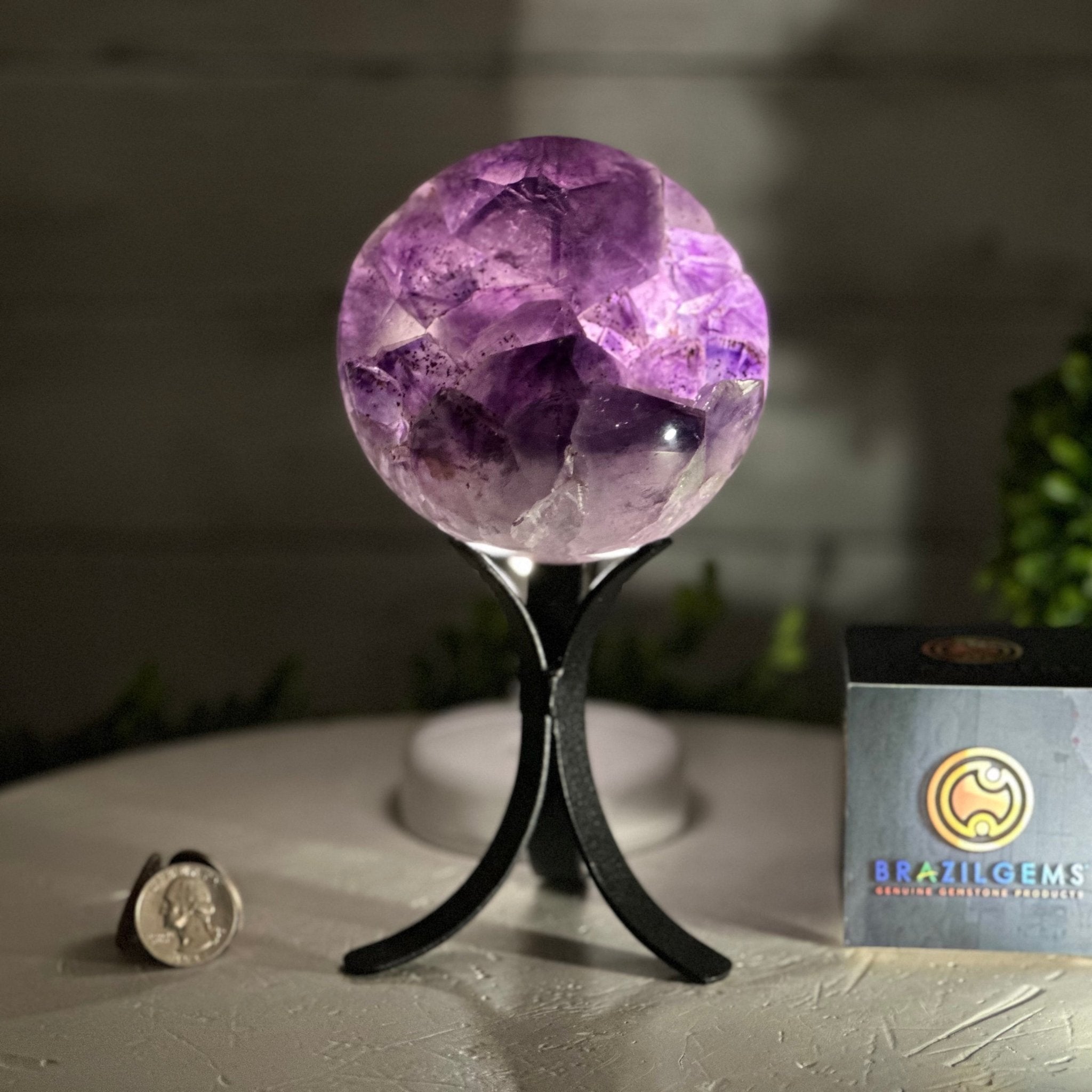Extra Plus Druzy Amethyst Sphere on a Metal Stand, 2.3 lbs & 7.5" Tall #5630-0045 - Brazil GemsBrazil GemsExtra Plus Druzy Amethyst Sphere on a Metal Stand, 2.3 lbs & 7.5" Tall #5630-0045Spheres5630-0045