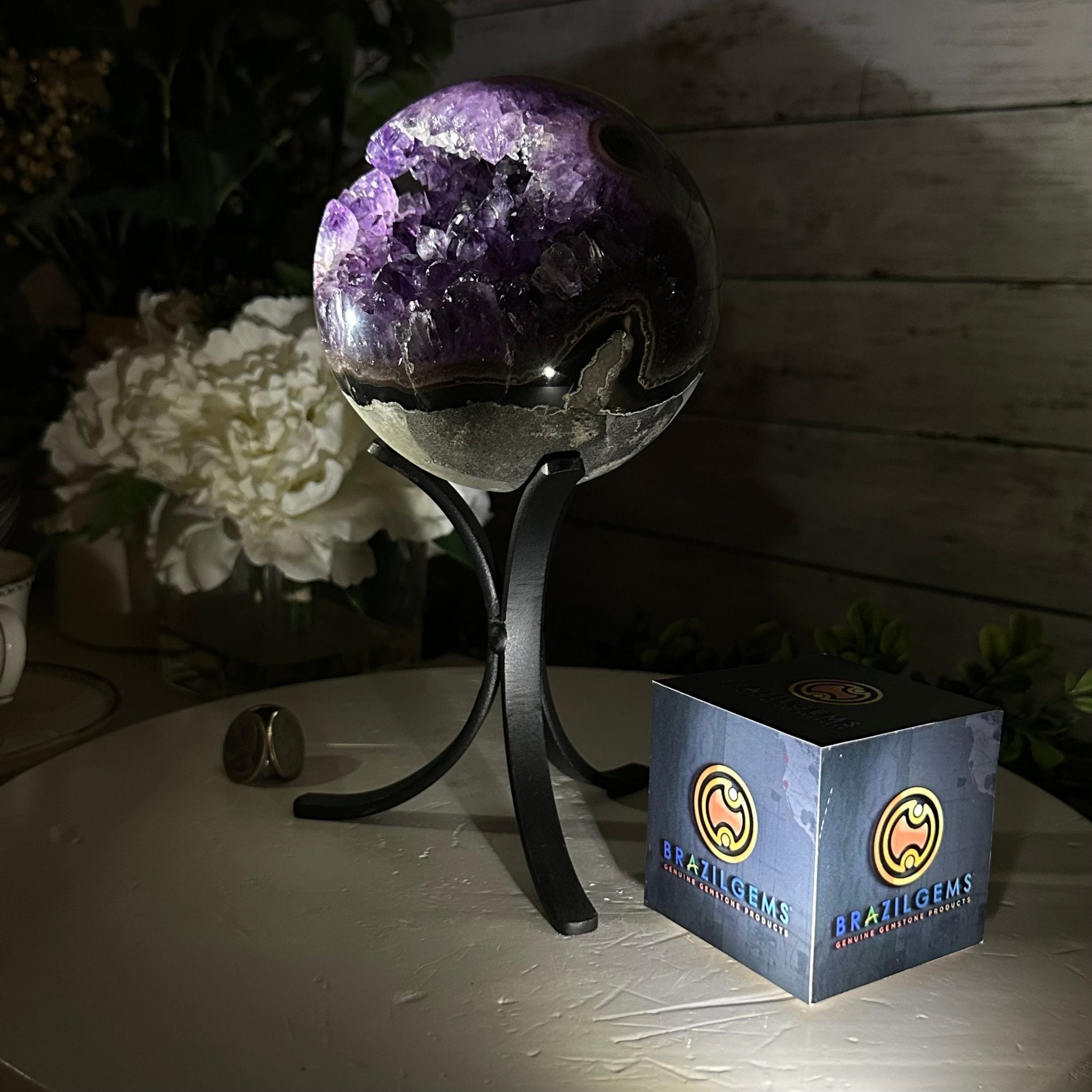 Extra Plus Druzy Amethyst Sphere on a Metal Stand, 4.3 lbs & 9.1" Tall #5630-0064 - Brazil GemsBrazil GemsExtra Plus Druzy Amethyst Sphere on a Metal Stand, 4.3 lbs & 9.1" Tall #5630-0064Spheres5630-0064