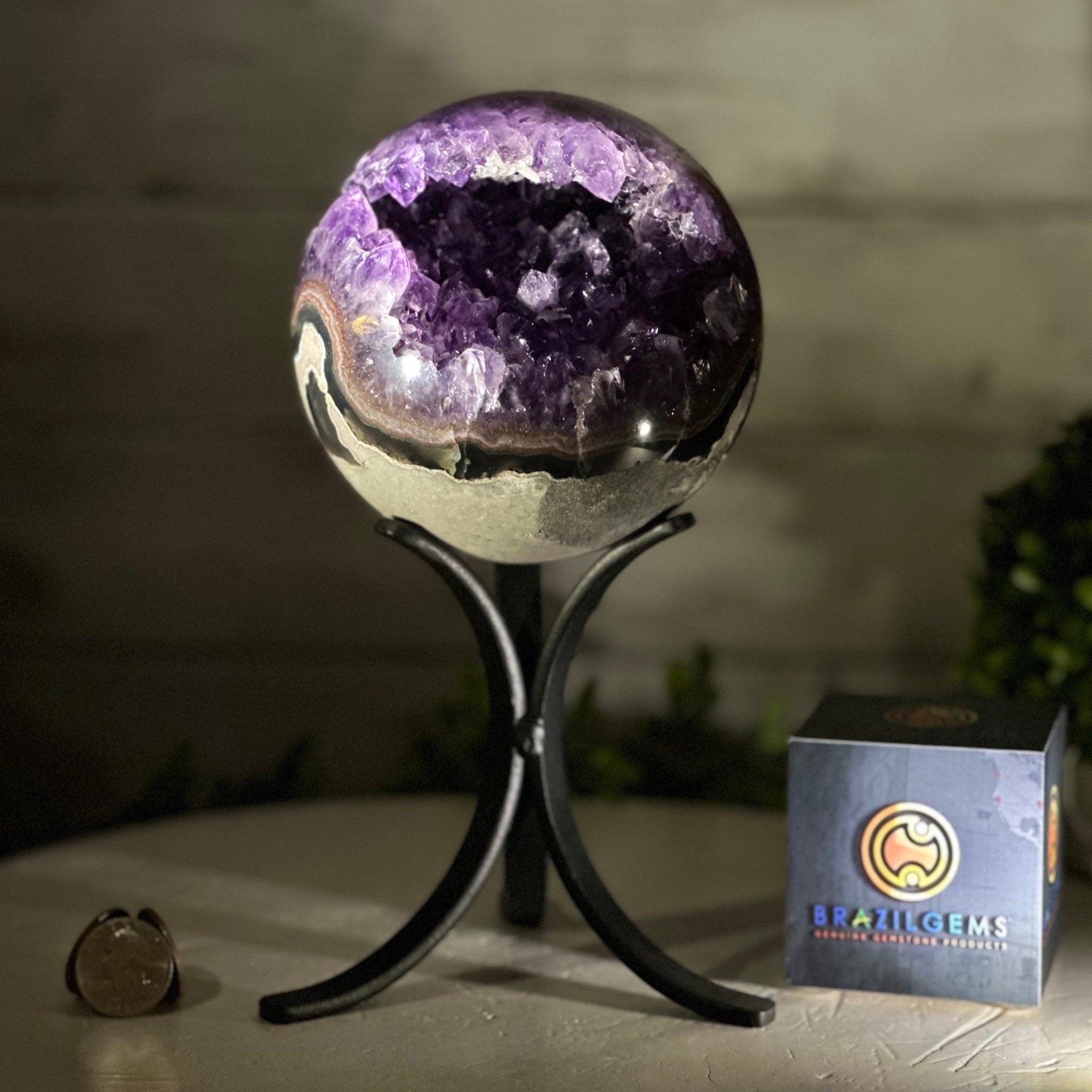 Extra Plus Druzy Amethyst Sphere on a Metal Stand, 4.3 lbs & 9.1" Tall #5630-0064 - Brazil GemsBrazil GemsExtra Plus Druzy Amethyst Sphere on a Metal Stand, 4.3 lbs & 9.1" Tall #5630-0064Spheres5630-0064
