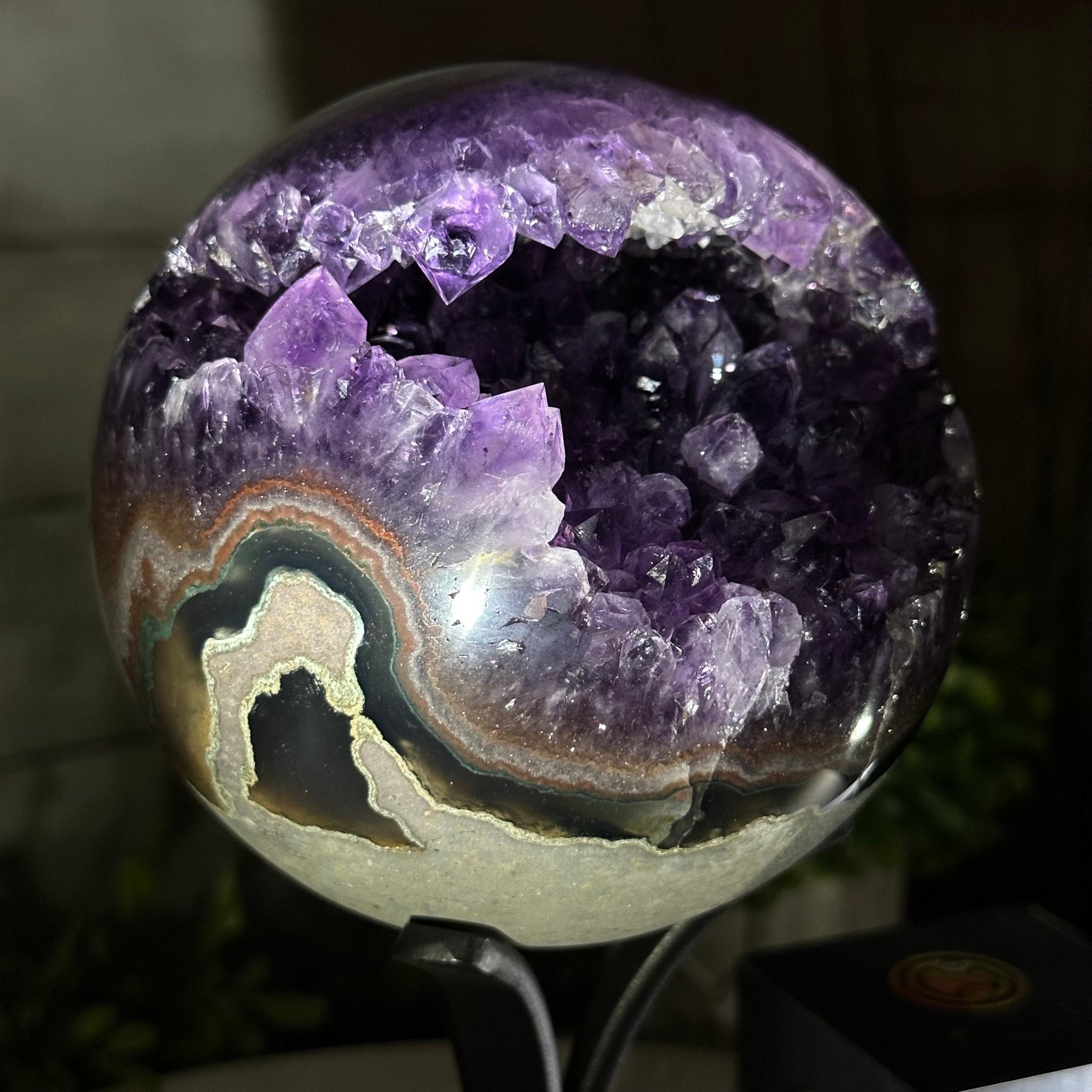Extra Plus Druzy Amethyst Sphere on a Metal Stand, 4.3 lbs & 9.1" Tall #5630-0064 - Brazil GemsBrazil GemsExtra Plus Druzy Amethyst Sphere on a Metal Stand, 4.3 lbs & 9.1" Tall #5630-0064Spheres5630-0064