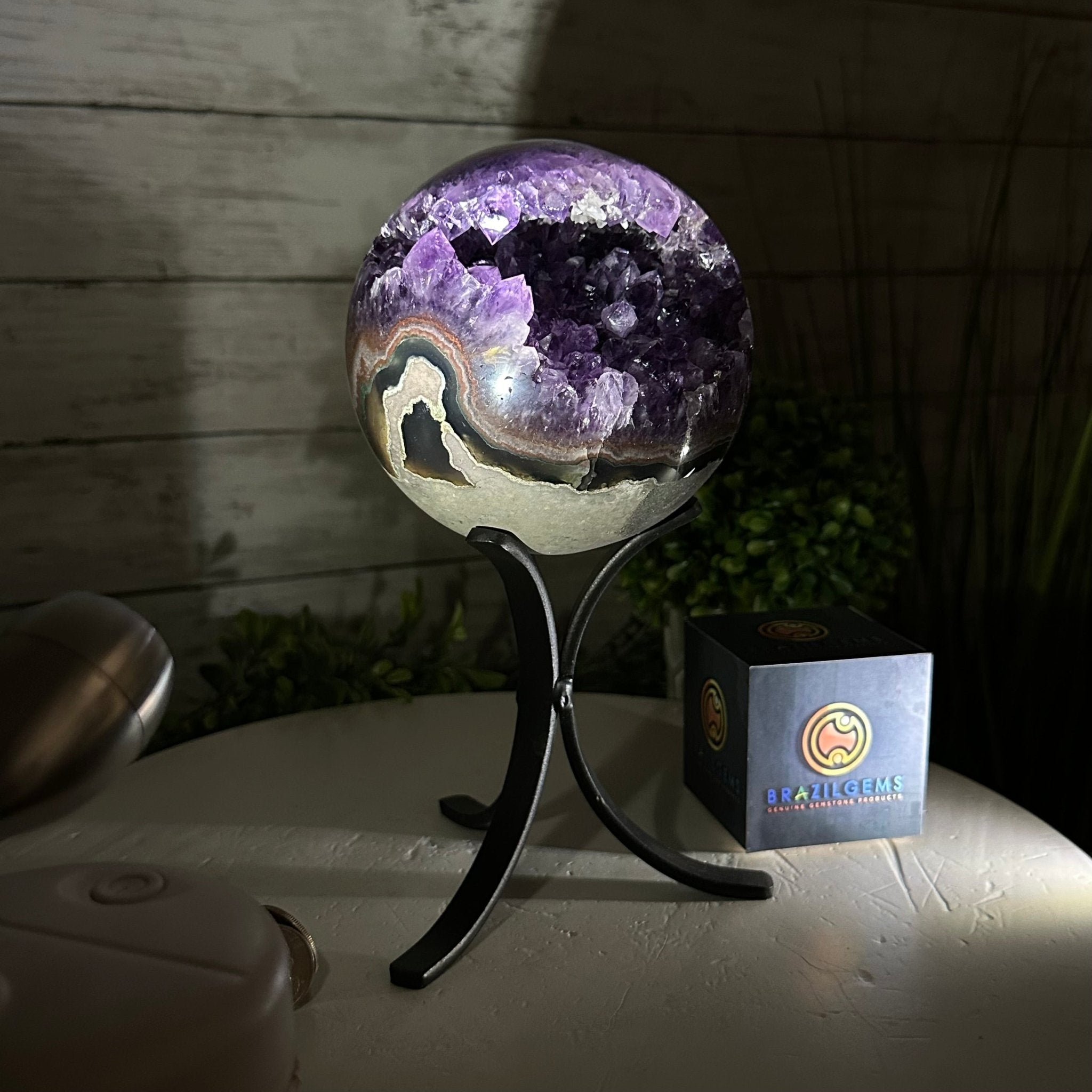 Extra Plus Druzy Amethyst Sphere on a Metal Stand, 4.3 lbs & 9.1" Tall #5630-0064 - Brazil GemsBrazil GemsExtra Plus Druzy Amethyst Sphere on a Metal Stand, 4.3 lbs & 9.1" Tall #5630-0064Spheres5630-0064
