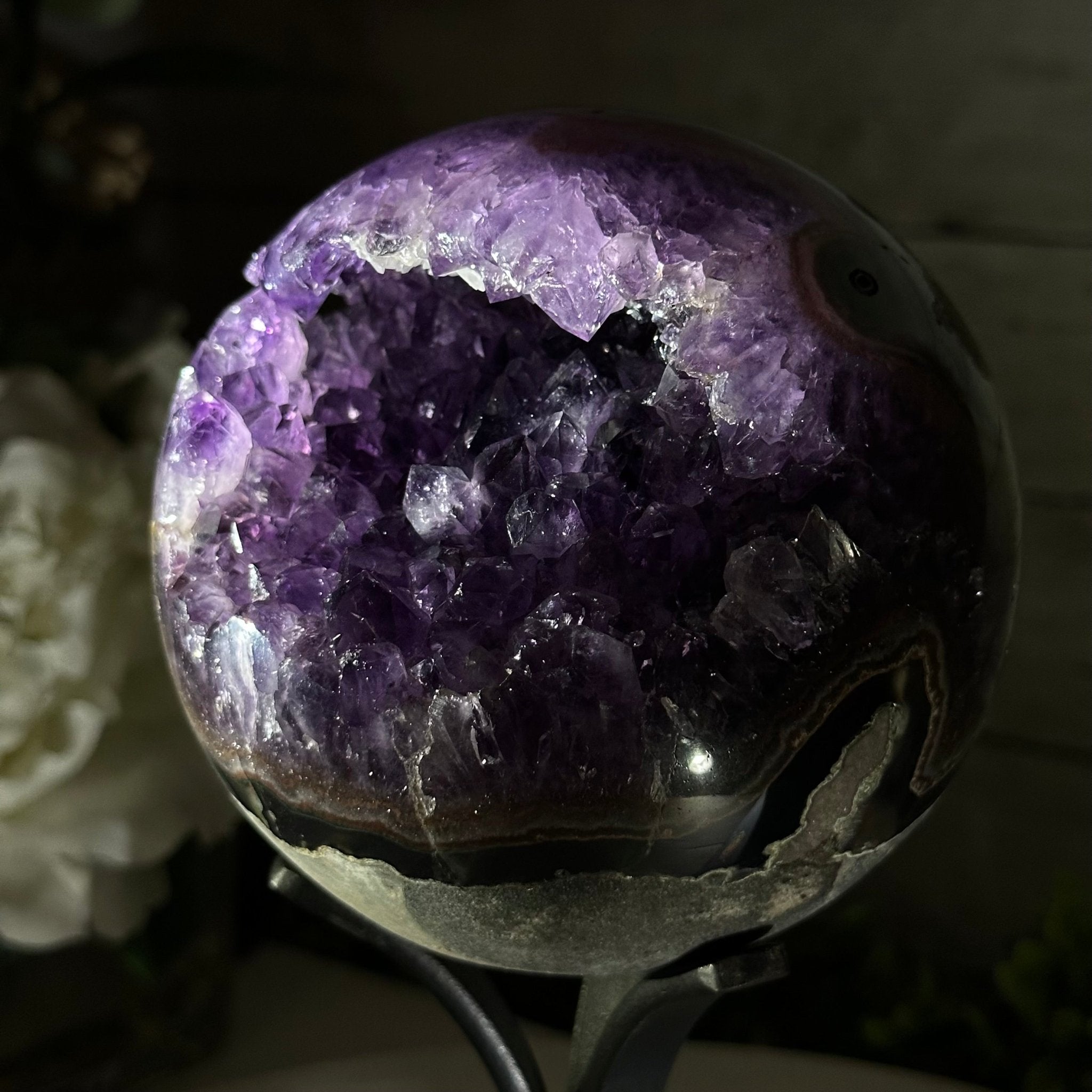 Extra Plus Druzy Amethyst Sphere on a Metal Stand, 4.3 lbs & 9.1" Tall #5630-0064 - Brazil GemsBrazil GemsExtra Plus Druzy Amethyst Sphere on a Metal Stand, 4.3 lbs & 9.1" Tall #5630-0064Spheres5630-0064