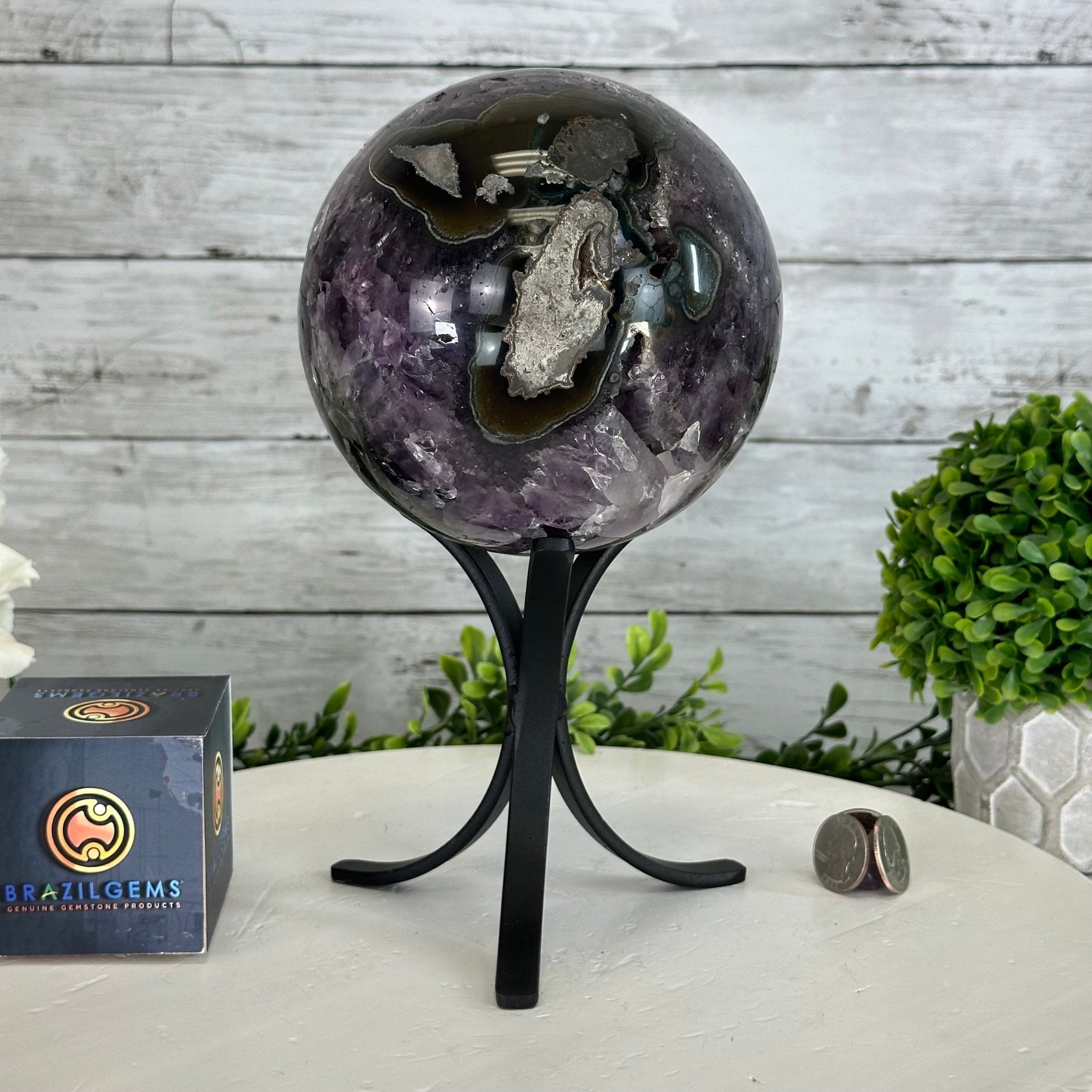 Extra Plus Druzy Amethyst Sphere on a Metal Stand, 6.7 lbs & 9.9" Tall #5630-0067 - Brazil GemsBrazil GemsExtra Plus Druzy Amethyst Sphere on a Metal Stand, 6.7 lbs & 9.9" Tall #5630-0067Spheres5630-0067