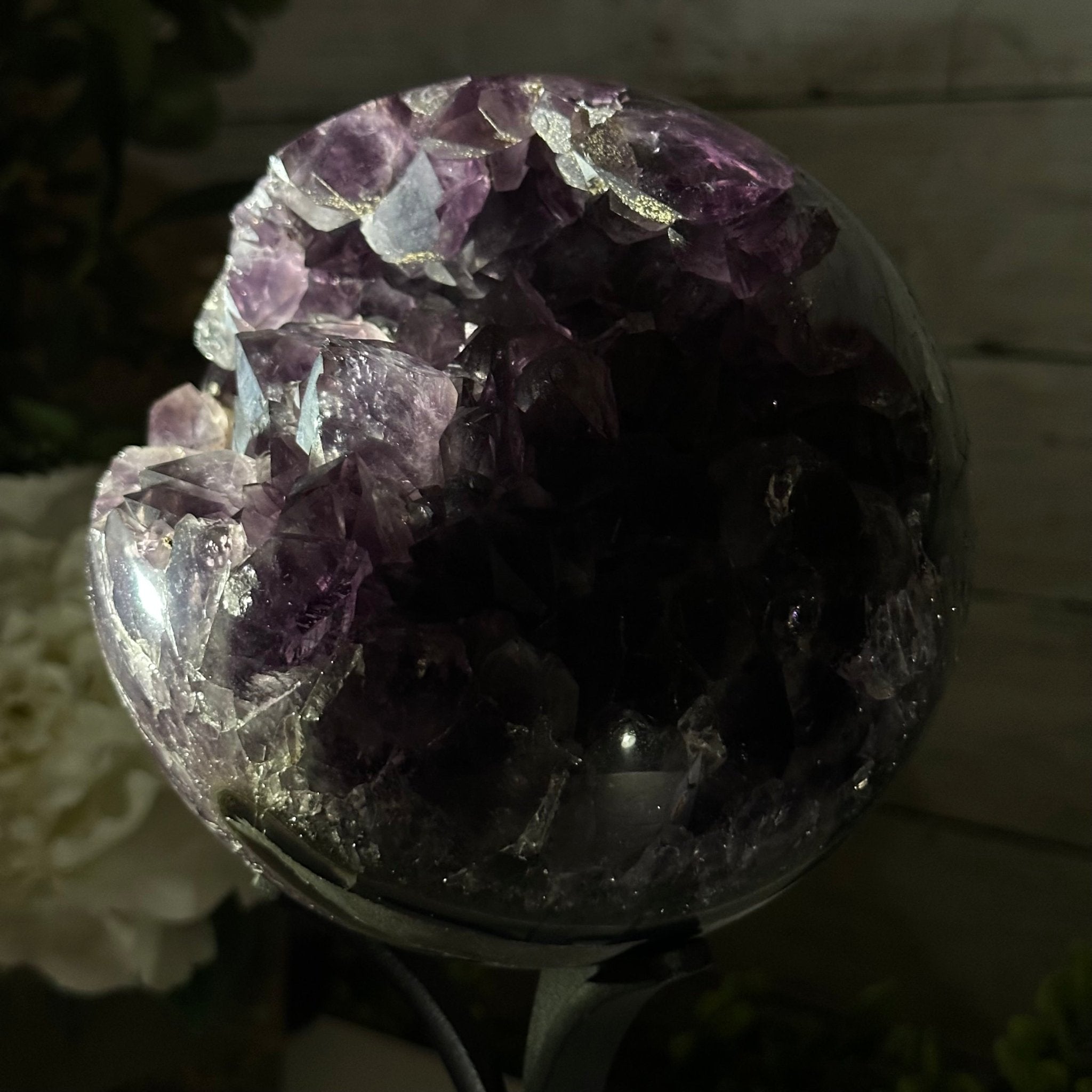 Extra Plus Druzy Amethyst Sphere on a Metal Stand, 6.7 lbs & 9.9" Tall #5630-0067 - Brazil GemsBrazil GemsExtra Plus Druzy Amethyst Sphere on a Metal Stand, 6.7 lbs & 9.9" Tall #5630-0067Spheres5630-0067