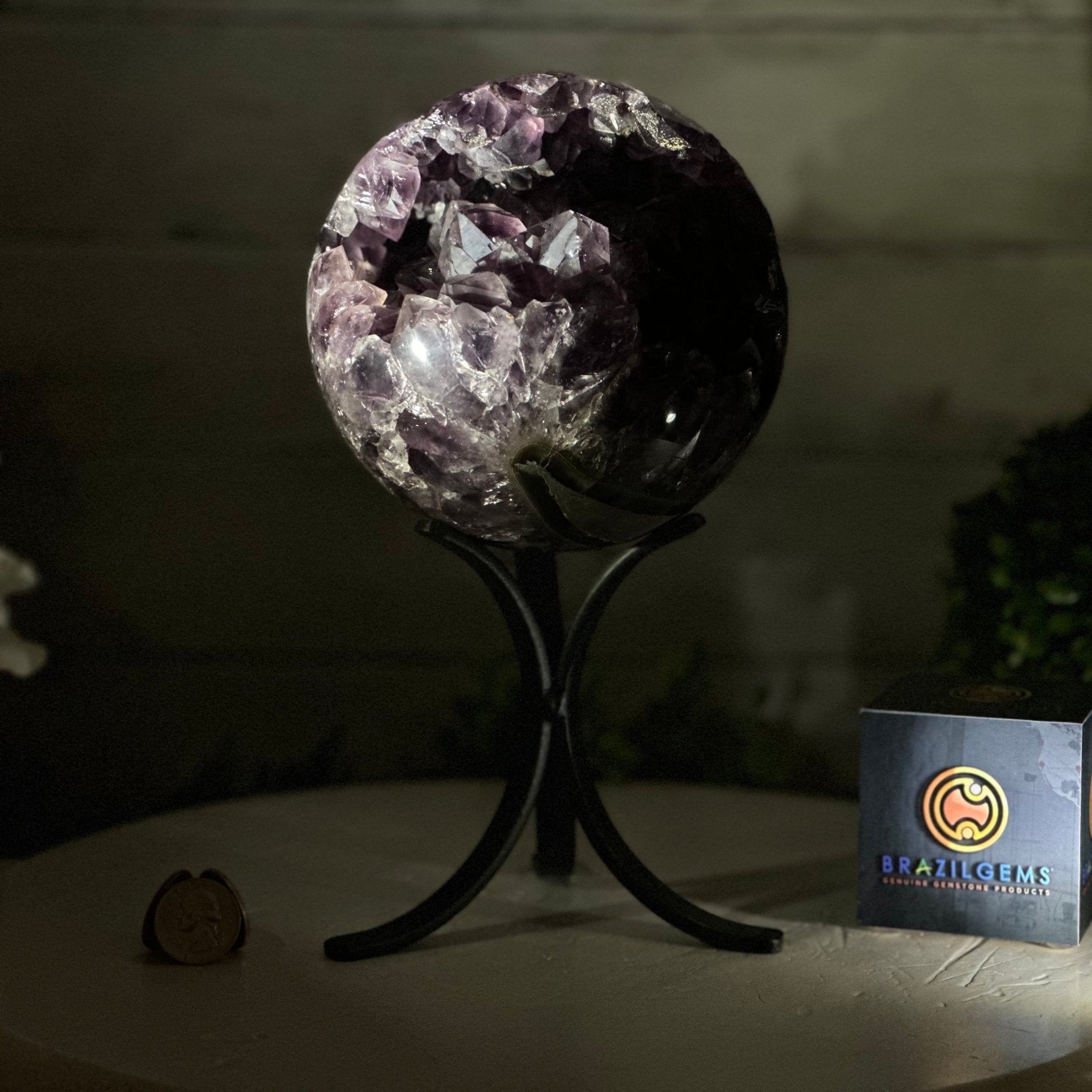 Extra Plus Druzy Amethyst Sphere on a Metal Stand, 6.7 lbs & 9.9" Tall #5630-0067 - Brazil GemsBrazil GemsExtra Plus Druzy Amethyst Sphere on a Metal Stand, 6.7 lbs & 9.9" Tall #5630-0067Spheres5630-0067