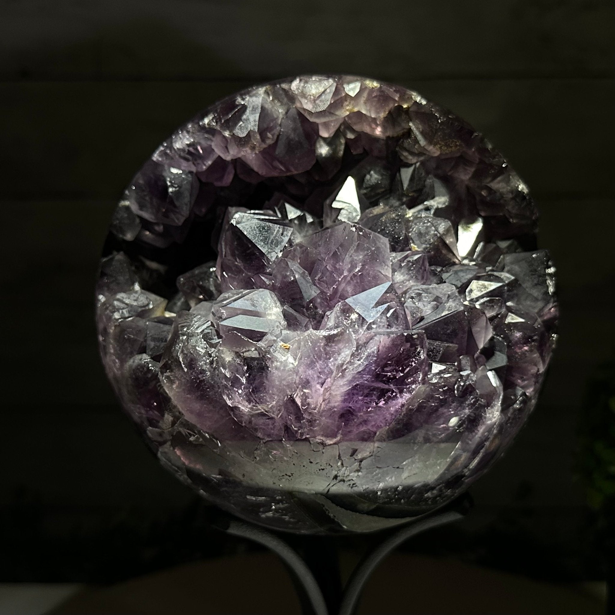 Extra Plus Druzy Amethyst Sphere on a Metal Stand, 6.7 lbs & 9.9" Tall #5630-0067 - Brazil GemsBrazil GemsExtra Plus Druzy Amethyst Sphere on a Metal Stand, 6.7 lbs & 9.9" Tall #5630-0067Spheres5630-0067
