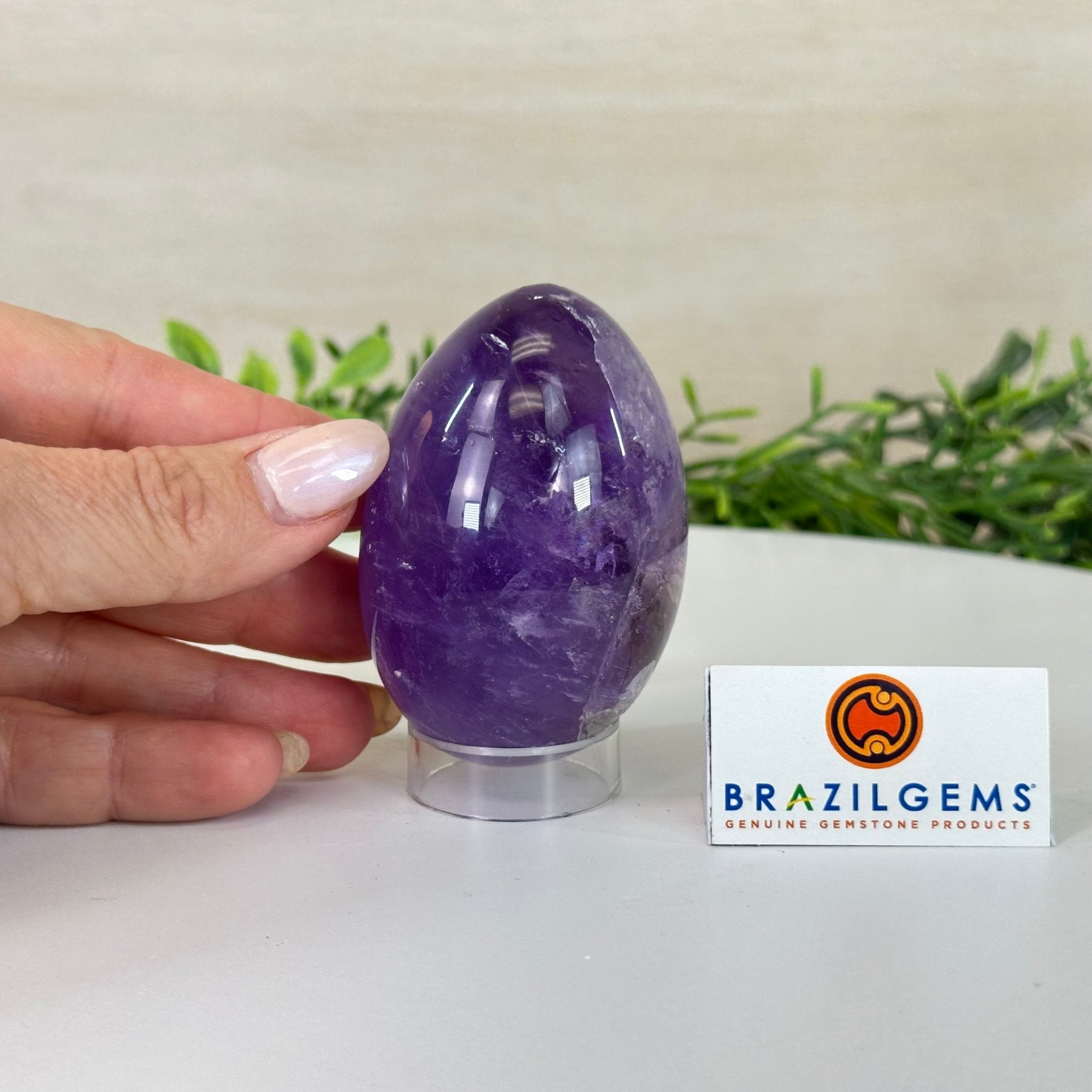 Extra Plus Polished Amethyst Egg w/ Acrylic Stand, 3” Tall #3995AM - 002 - Brazil GemsBrazil GemsExtra Plus Polished Amethyst Egg w/ Acrylic Stand, 3” Tall #3995AM - 002Freeform & Unique Shapes3995AM - 002