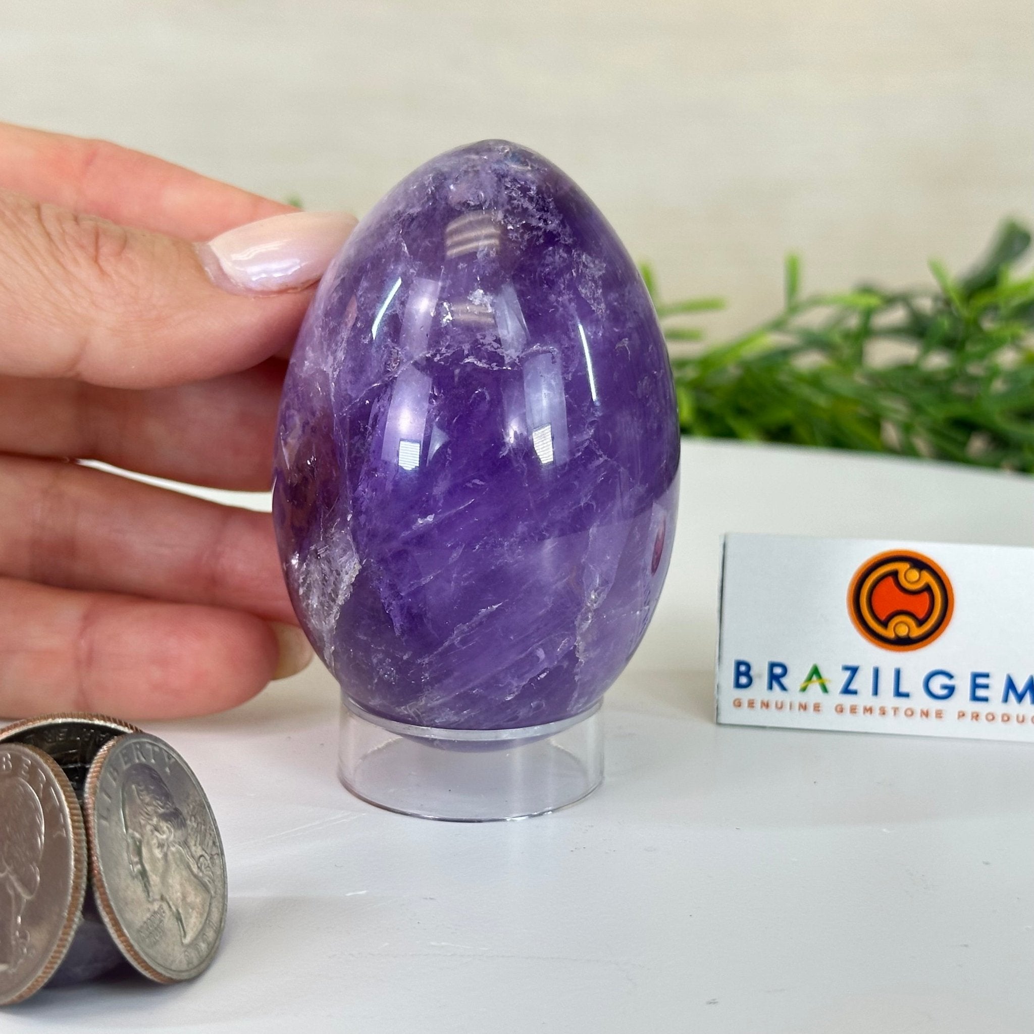Extra Plus Polished Amethyst Egg w/ Acrylic Stand, 3” Tall #3995AM - 002 - Brazil GemsBrazil GemsExtra Plus Polished Amethyst Egg w/ Acrylic Stand, 3” Tall #3995AM - 002Freeform & Unique Shapes3995AM - 002