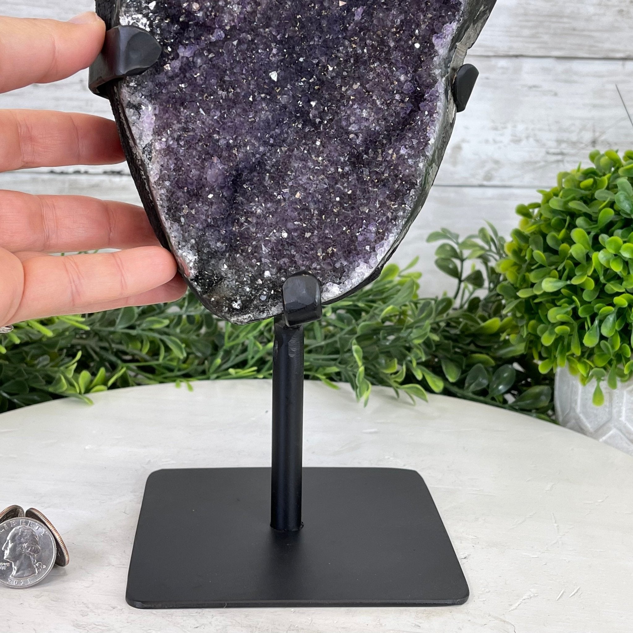 Extra Plus Quality Amethyst Druse Cluster on Metal Stand, 12.5 lbs & 14" tall #5491-0046 by Brazil Gems - Brazil GemsBrazil GemsExtra Plus Quality Amethyst Druse Cluster on Metal Stand, 12.5 lbs & 14" tall #5491-0046 by Brazil GemsClusters on Fixed Bases5491-0046