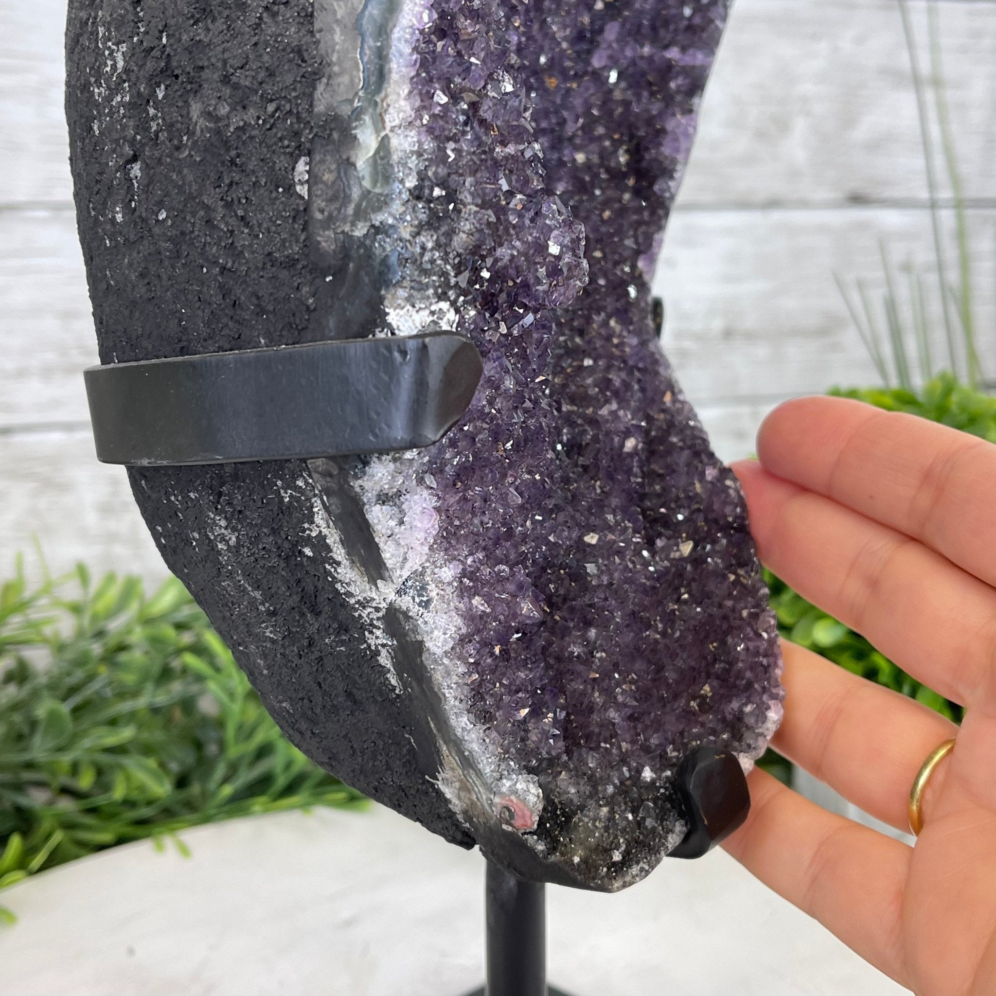 Extra Plus Quality Amethyst Druse Cluster on Metal Stand, 12.5 lbs & 14" tall #5491-0046 by Brazil Gems - Brazil GemsBrazil GemsExtra Plus Quality Amethyst Druse Cluster on Metal Stand, 12.5 lbs & 14" tall #5491-0046 by Brazil GemsClusters on Fixed Bases5491-0046