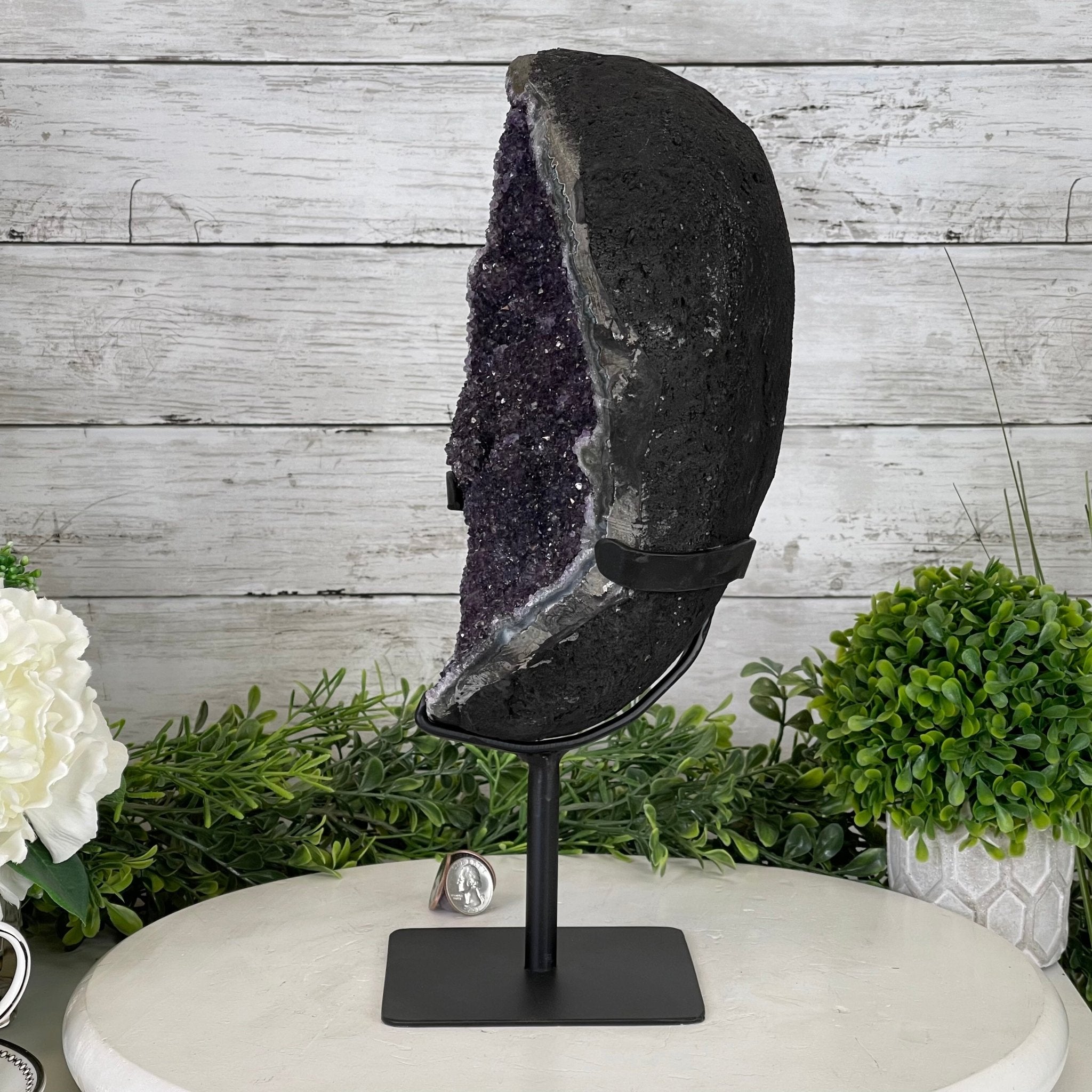 Extra Plus Quality Amethyst Druse Cluster on Metal Stand, 12.5 lbs & 14" tall #5491-0046 by Brazil Gems - Brazil GemsBrazil GemsExtra Plus Quality Amethyst Druse Cluster on Metal Stand, 12.5 lbs & 14" tall #5491-0046 by Brazil GemsClusters on Fixed Bases5491-0046