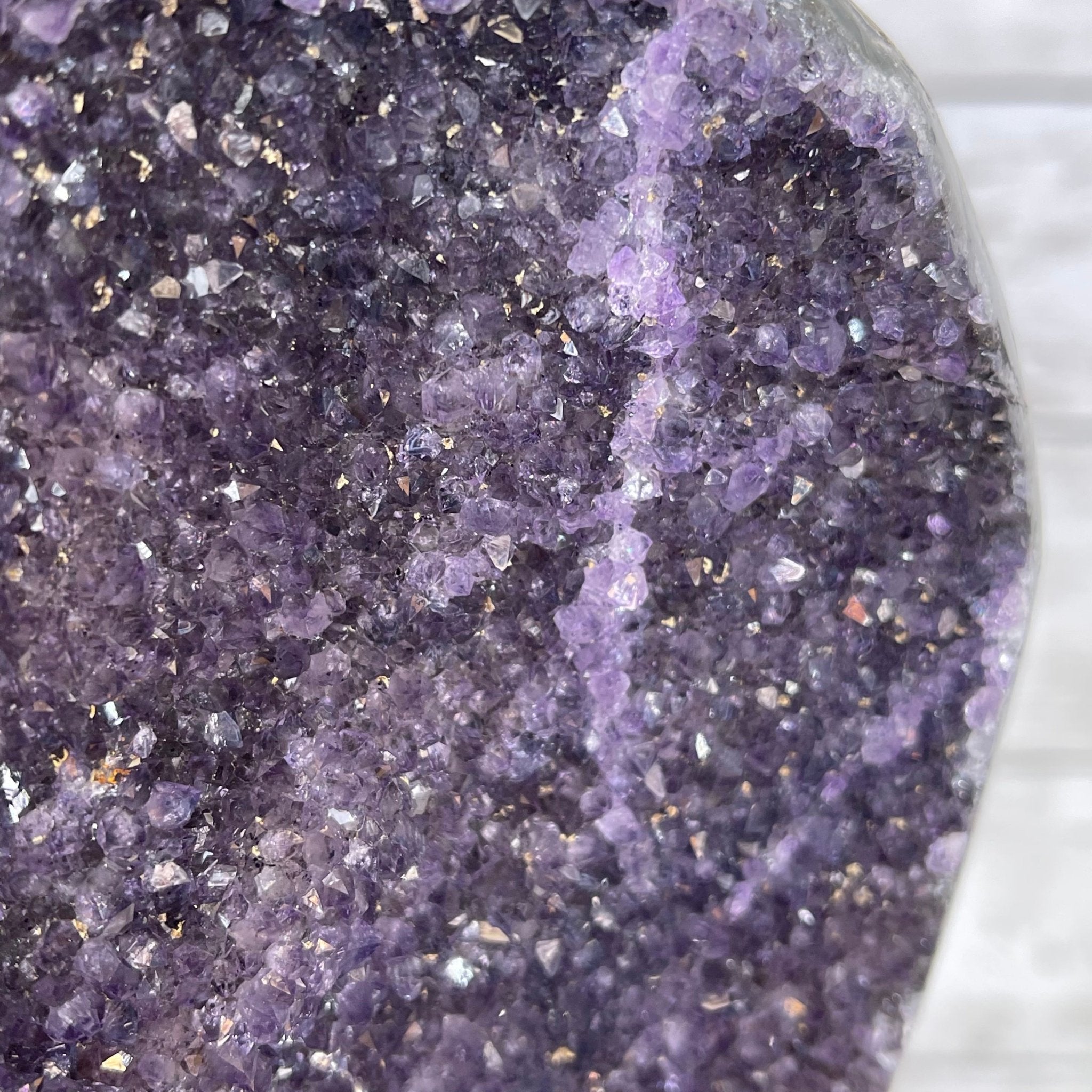 Extra Plus Quality Amethyst Druse Cluster on Metal Stand, 12.5 lbs & 14" tall #5491-0046 by Brazil Gems - Brazil GemsBrazil GemsExtra Plus Quality Amethyst Druse Cluster on Metal Stand, 12.5 lbs & 14" tall #5491-0046 by Brazil GemsClusters on Fixed Bases5491-0046