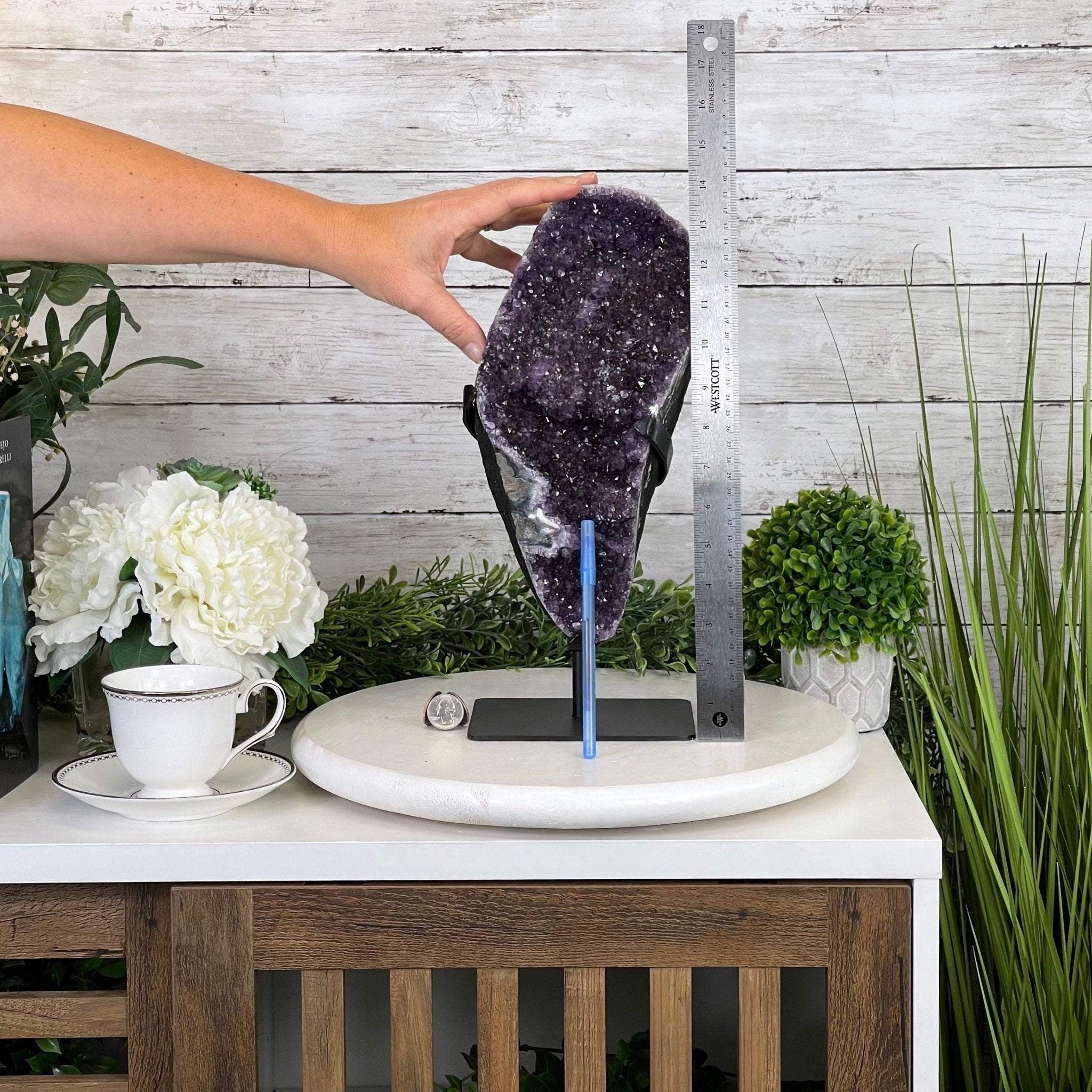 Extra Plus Quality Amethyst Druse Cluster on Metal Stand, 14.4 lbs & 14.25" tall #5491-0056 by Brazil Gems - Brazil GemsBrazil GemsExtra Plus Quality Amethyst Druse Cluster on Metal Stand, 14.4 lbs & 14.25" tall #5491-0056 by Brazil GemsClusters on Fixed Bases5491-0056