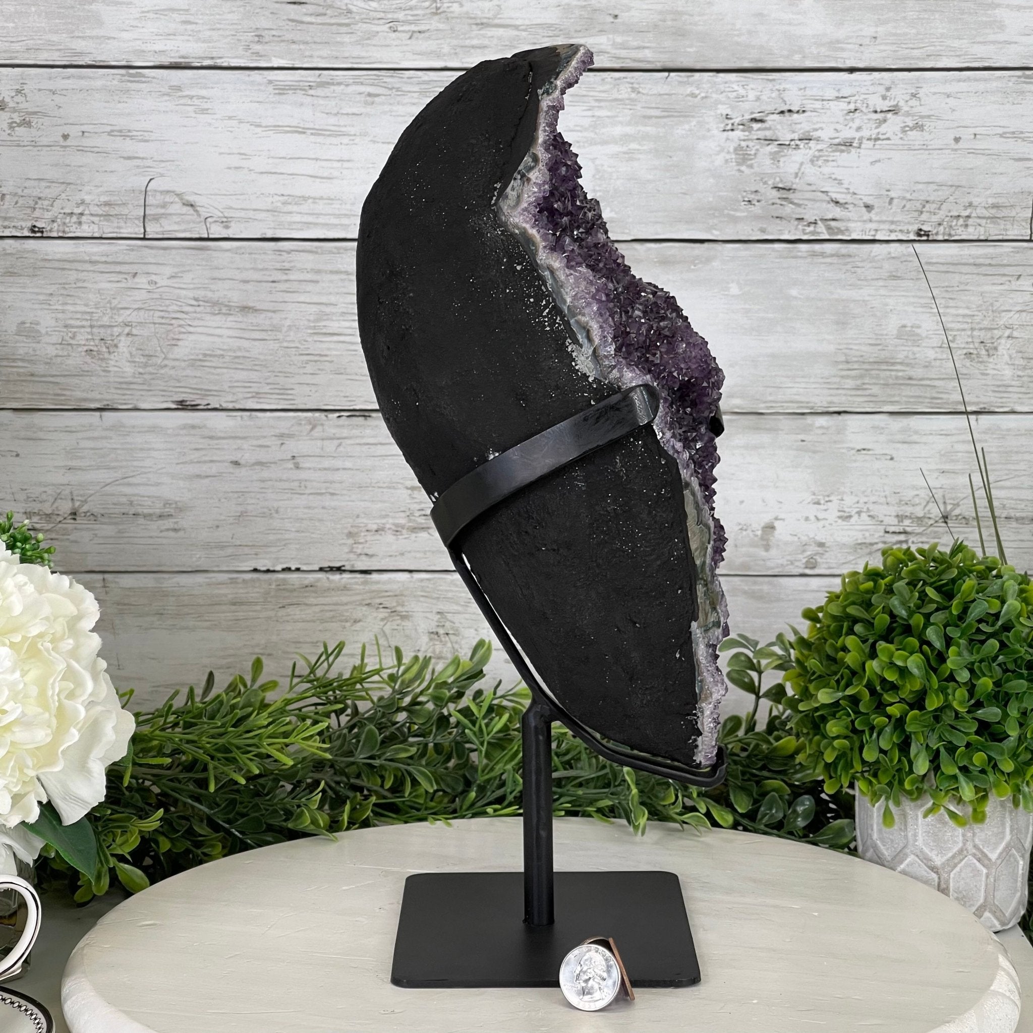 Extra Plus Quality Amethyst Druse Cluster on Metal Stand, 14.4 lbs & 14.25" tall #5491-0056 by Brazil Gems - Brazil GemsBrazil GemsExtra Plus Quality Amethyst Druse Cluster on Metal Stand, 14.4 lbs & 14.25" tall #5491-0056 by Brazil GemsClusters on Fixed Bases5491-0056