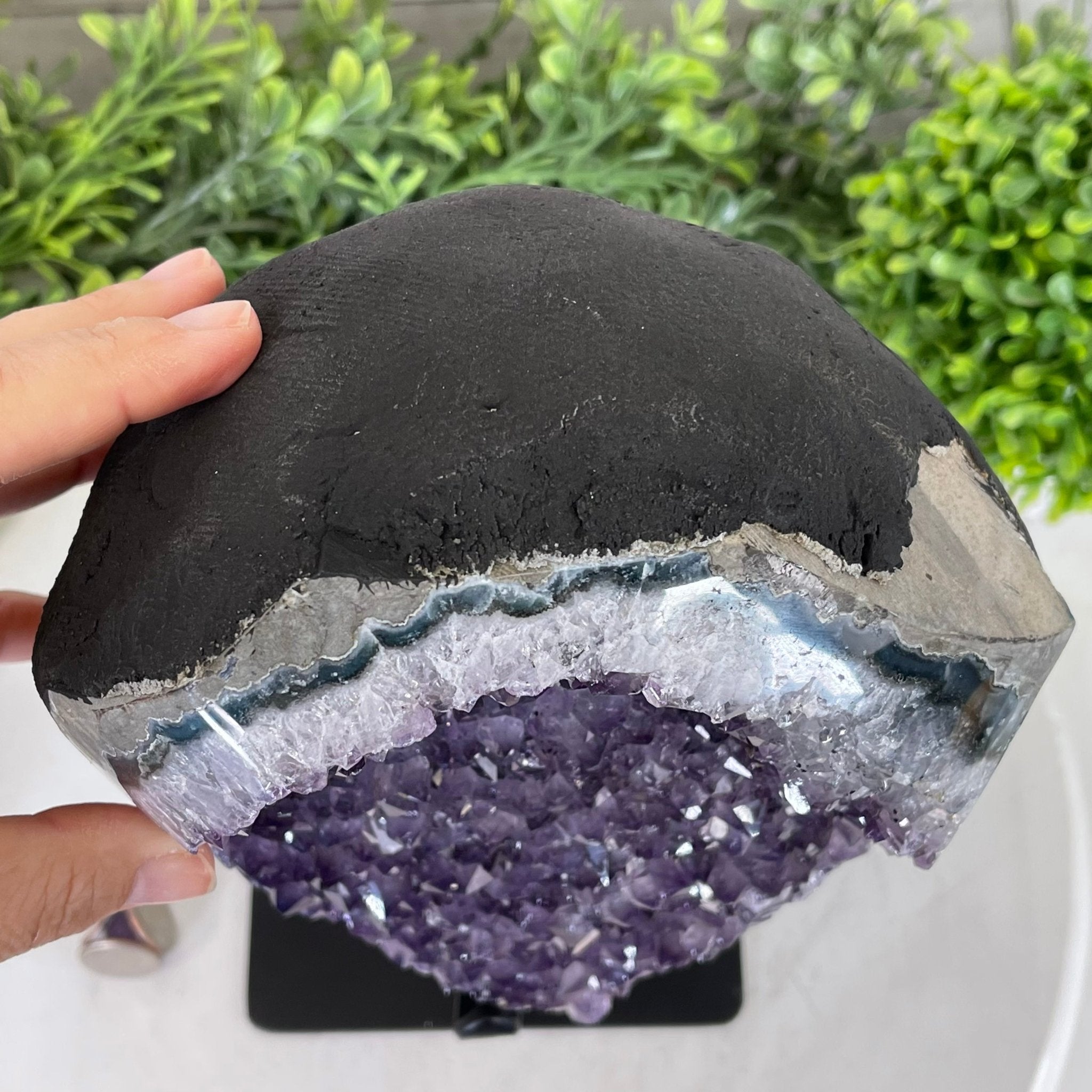 Extra Plus Quality Amethyst Druse Cluster on Metal Stand, 14.8 lbs & 13.25" tall #5491-0053 by Brazil Gems - Brazil GemsBrazil GemsExtra Plus Quality Amethyst Druse Cluster on Metal Stand, 14.8 lbs & 13.25" tall #5491-0053 by Brazil GemsClusters on Fixed Bases5491-0053