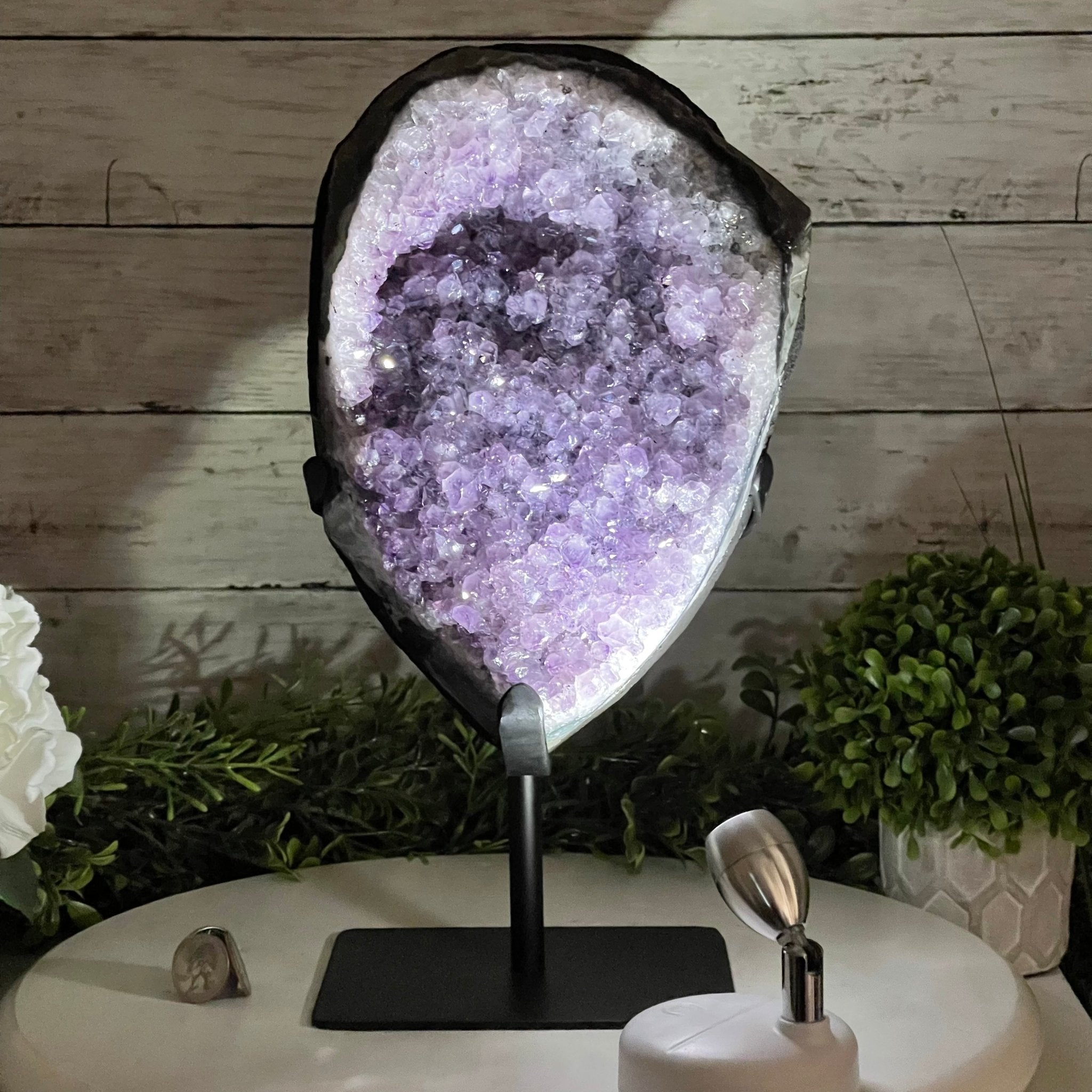 Extra Plus Quality Amethyst Druse Cluster on Metal Stand, 14.8 lbs & 13.25" tall #5491-0053 by Brazil Gems - Brazil GemsBrazil GemsExtra Plus Quality Amethyst Druse Cluster on Metal Stand, 14.8 lbs & 13.25" tall #5491-0053 by Brazil GemsClusters on Fixed Bases5491-0053