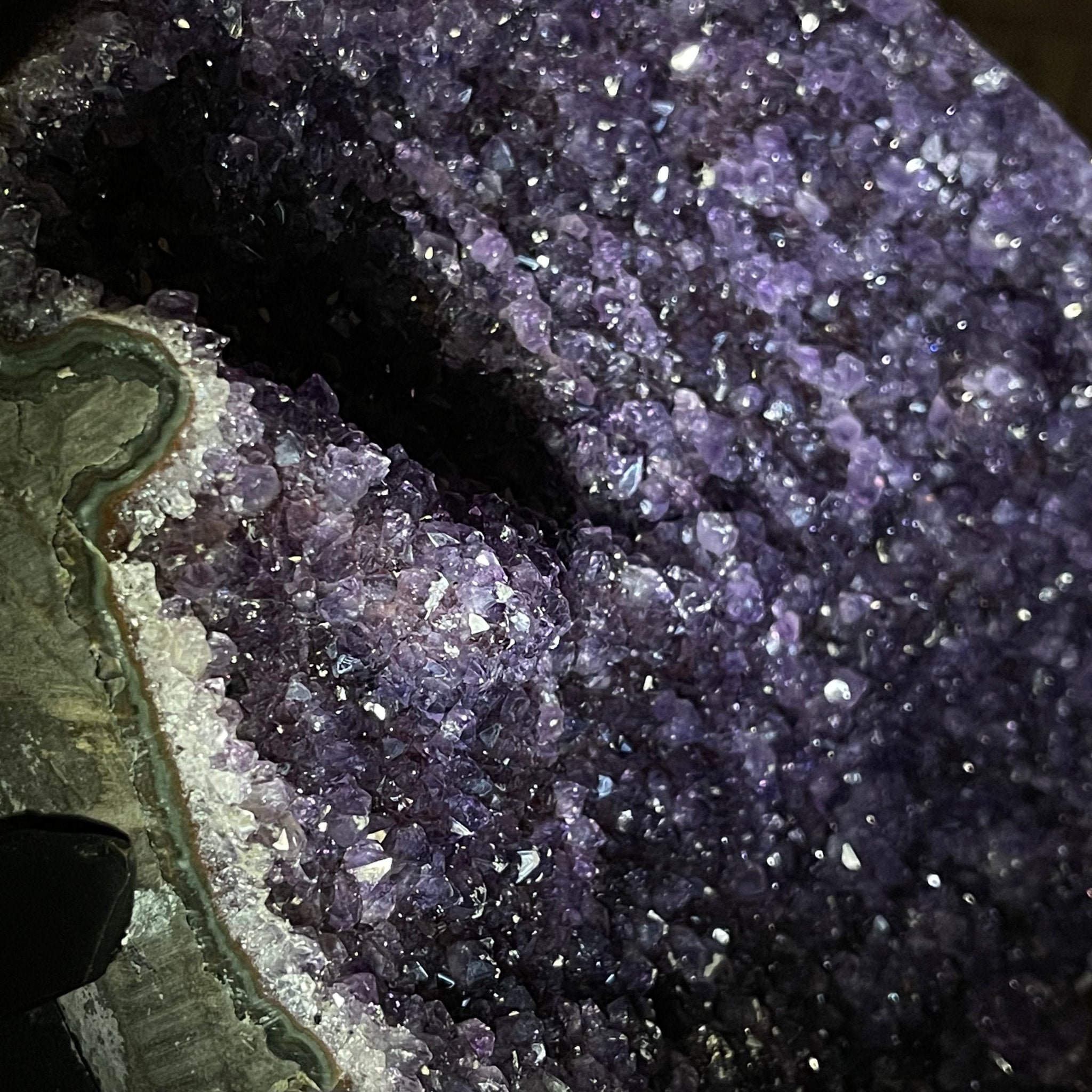 Extra Plus Quality Amethyst Druse Cluster on Metal Stand, 16.5 lbs & 12" tall #5491-0039 by Brazil Gems - Brazil GemsBrazil GemsExtra Plus Quality Amethyst Druse Cluster on Metal Stand, 16.5 lbs & 12" tall #5491-0039 by Brazil GemsClusters on Fixed Bases5491-0039