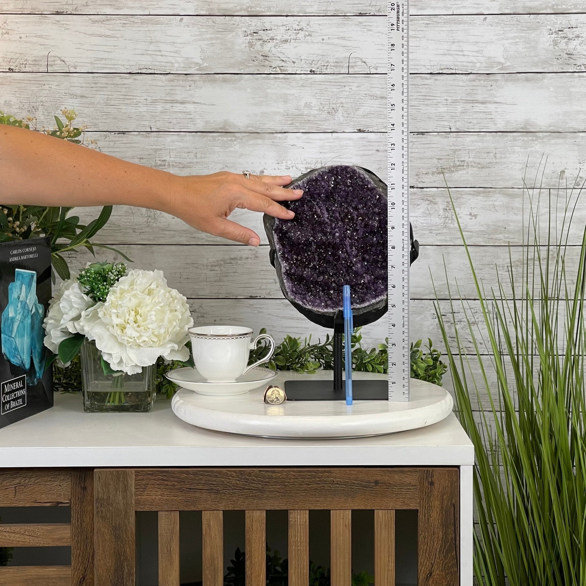 Extra Plus Quality Amethyst Druse Cluster on Metal Stand, 16.5 lbs & 12" tall #5491-0039 by Brazil Gems - Brazil GemsBrazil GemsExtra Plus Quality Amethyst Druse Cluster on Metal Stand, 16.5 lbs & 12" tall #5491-0039 by Brazil GemsClusters on Fixed Bases5491-0039