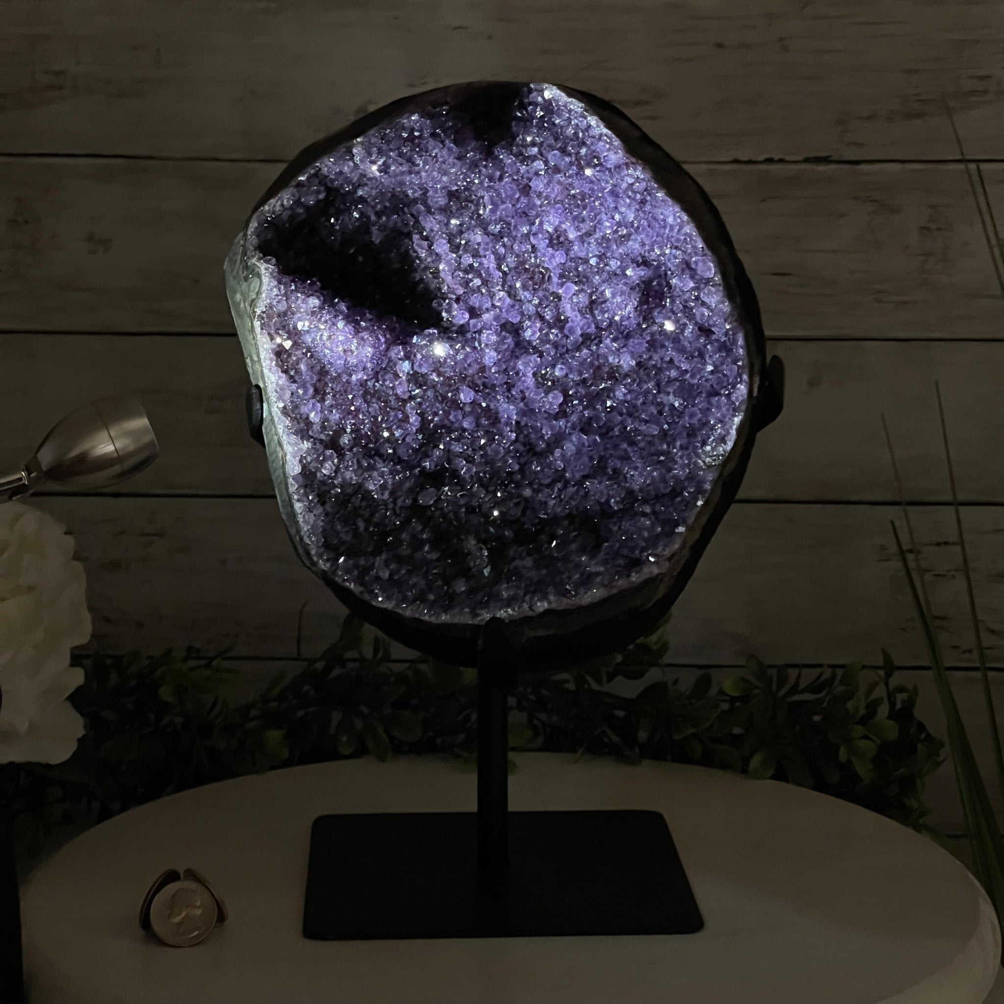 Extra Plus Quality Amethyst Druse Cluster on Metal Stand, 16.5 lbs & 12" tall #5491-0039 by Brazil Gems - Brazil GemsBrazil GemsExtra Plus Quality Amethyst Druse Cluster on Metal Stand, 16.5 lbs & 12" tall #5491-0039 by Brazil GemsClusters on Fixed Bases5491-0039
