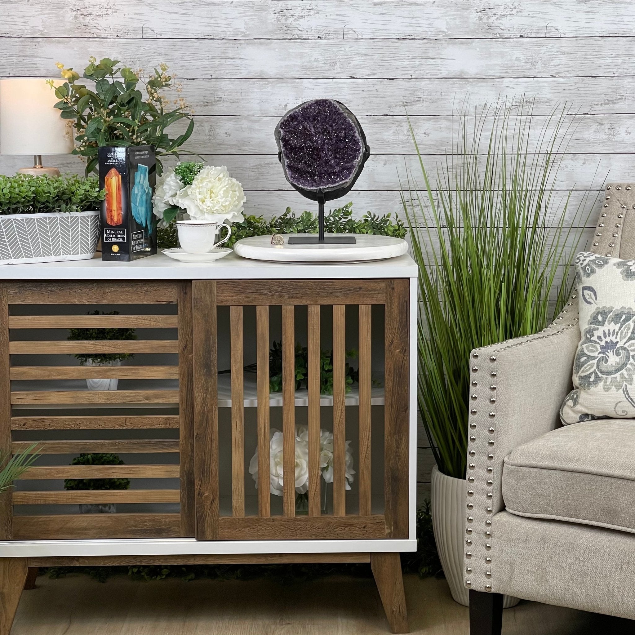 Extra Plus Quality Amethyst Druse Cluster on Metal Stand, 16.5 lbs & 12" tall #5491-0039 by Brazil Gems - Brazil GemsBrazil GemsExtra Plus Quality Amethyst Druse Cluster on Metal Stand, 16.5 lbs & 12" tall #5491-0039 by Brazil GemsClusters on Fixed Bases5491-0039