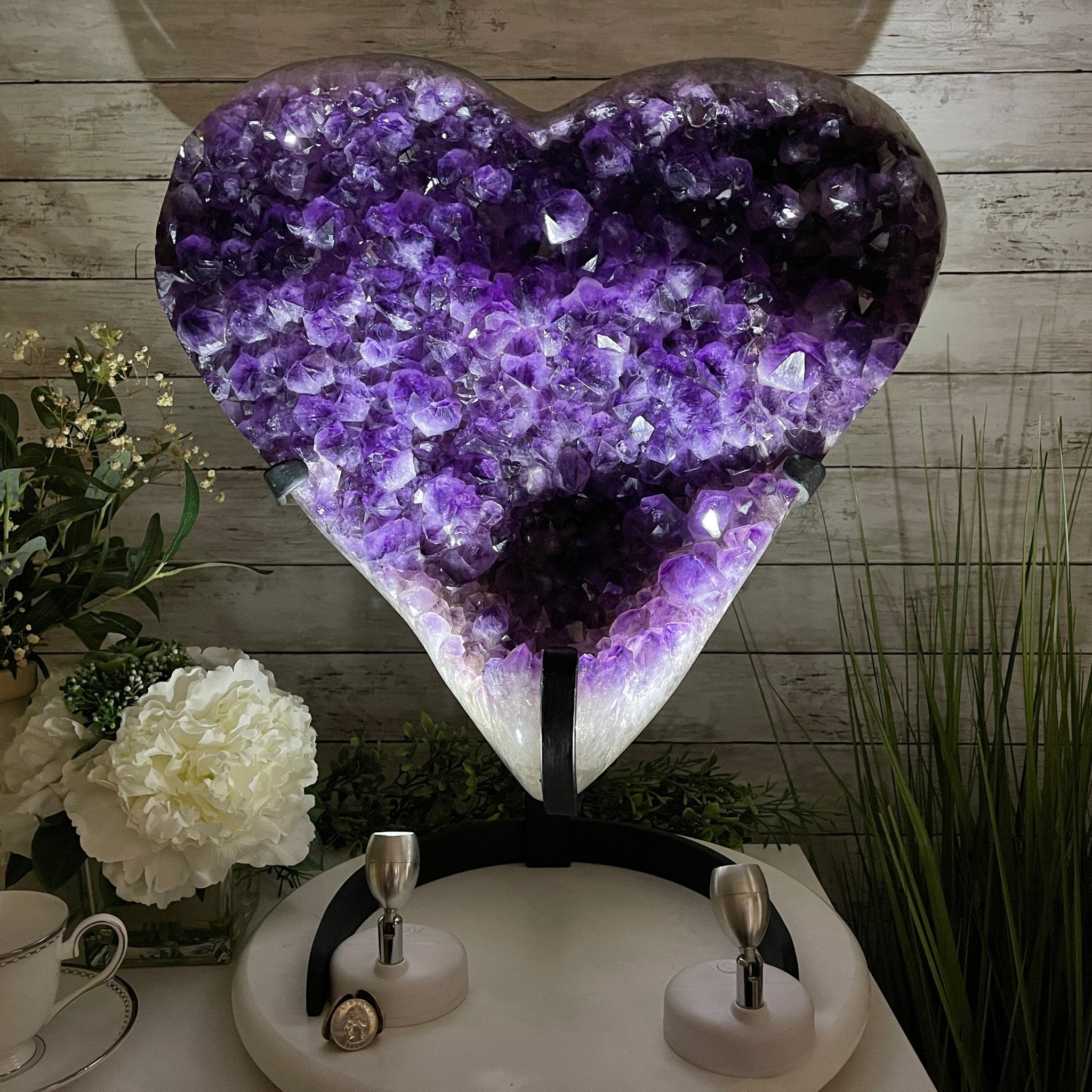 Extra Plus Quality Amethyst Heart Geode, metal stand, 57.9 lbs & 20.75" Tall #5463-0193 by Brazil Gems - Brazil GemsBrazil GemsExtra Plus Quality Amethyst Heart Geode, metal stand, 57.9 lbs & 20.75" Tall #5463-0193 by Brazil GemsHearts5463-0193
