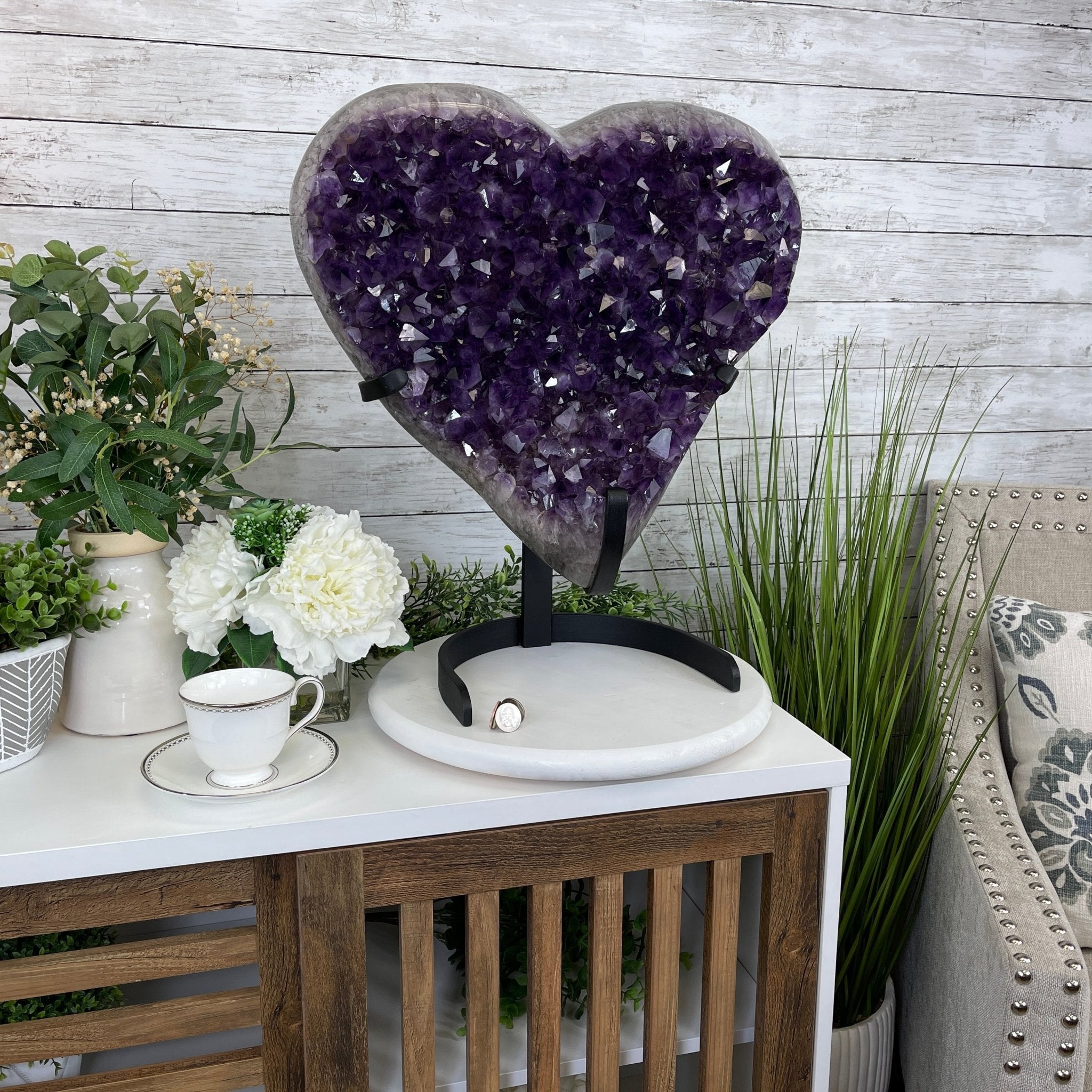 Extra Plus Quality Amethyst Heart Geode, metal stand, 57.9 lbs & 20.75" Tall #5463-0193 by Brazil Gems - Brazil GemsBrazil GemsExtra Plus Quality Amethyst Heart Geode, metal stand, 57.9 lbs & 20.75" Tall #5463-0193 by Brazil GemsHearts5463-0193