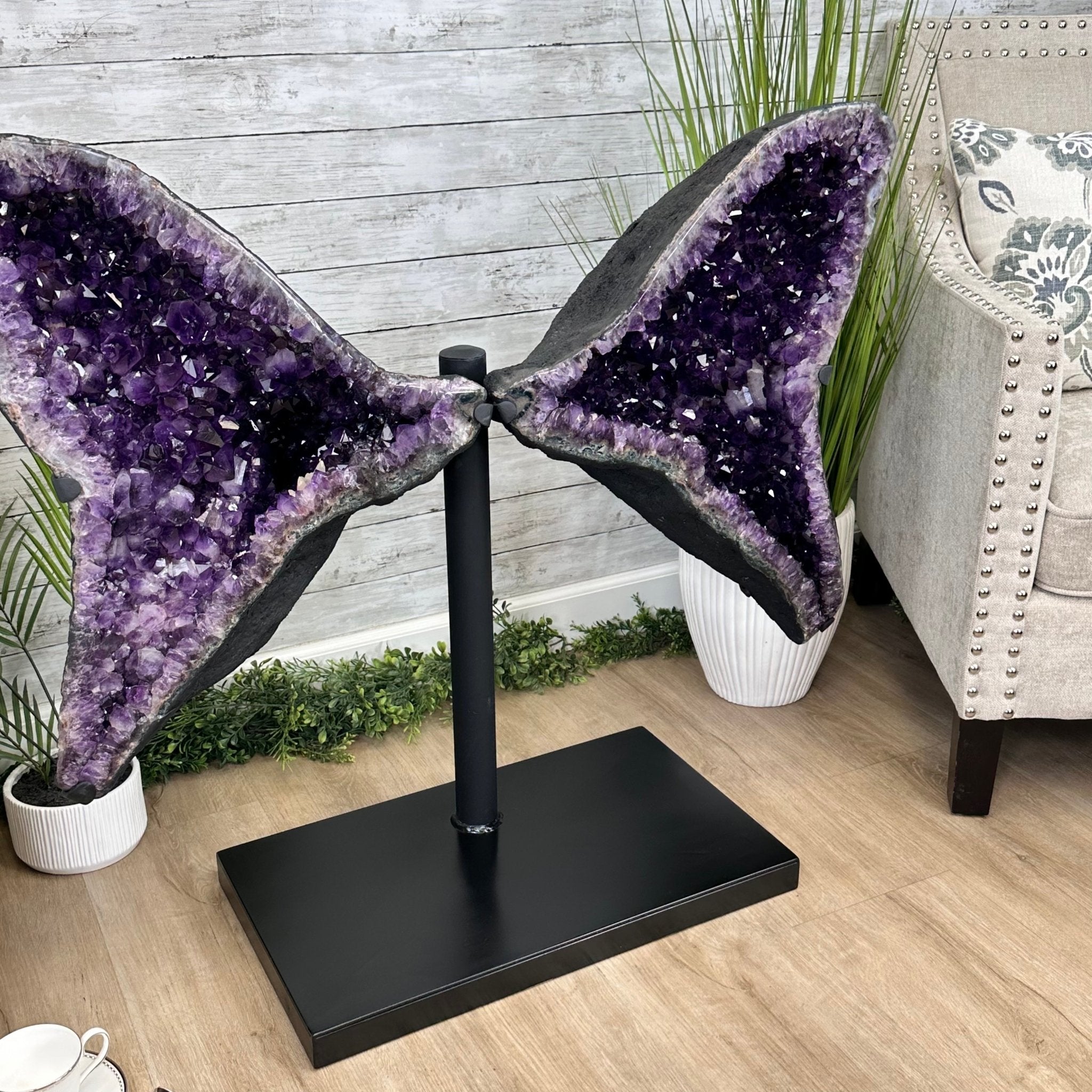 Extra Plus Quality Amethyst Wings on a Metal Stand, 174.2 lbs, 34.75" Tall #5493-0036 - Brazil GemsBrazil GemsExtra Plus Quality Amethyst Wings on a Metal Stand, 174.2 lbs, 34.75" Tall #5493-0036Amethyst Butterfly Wings5493-0036