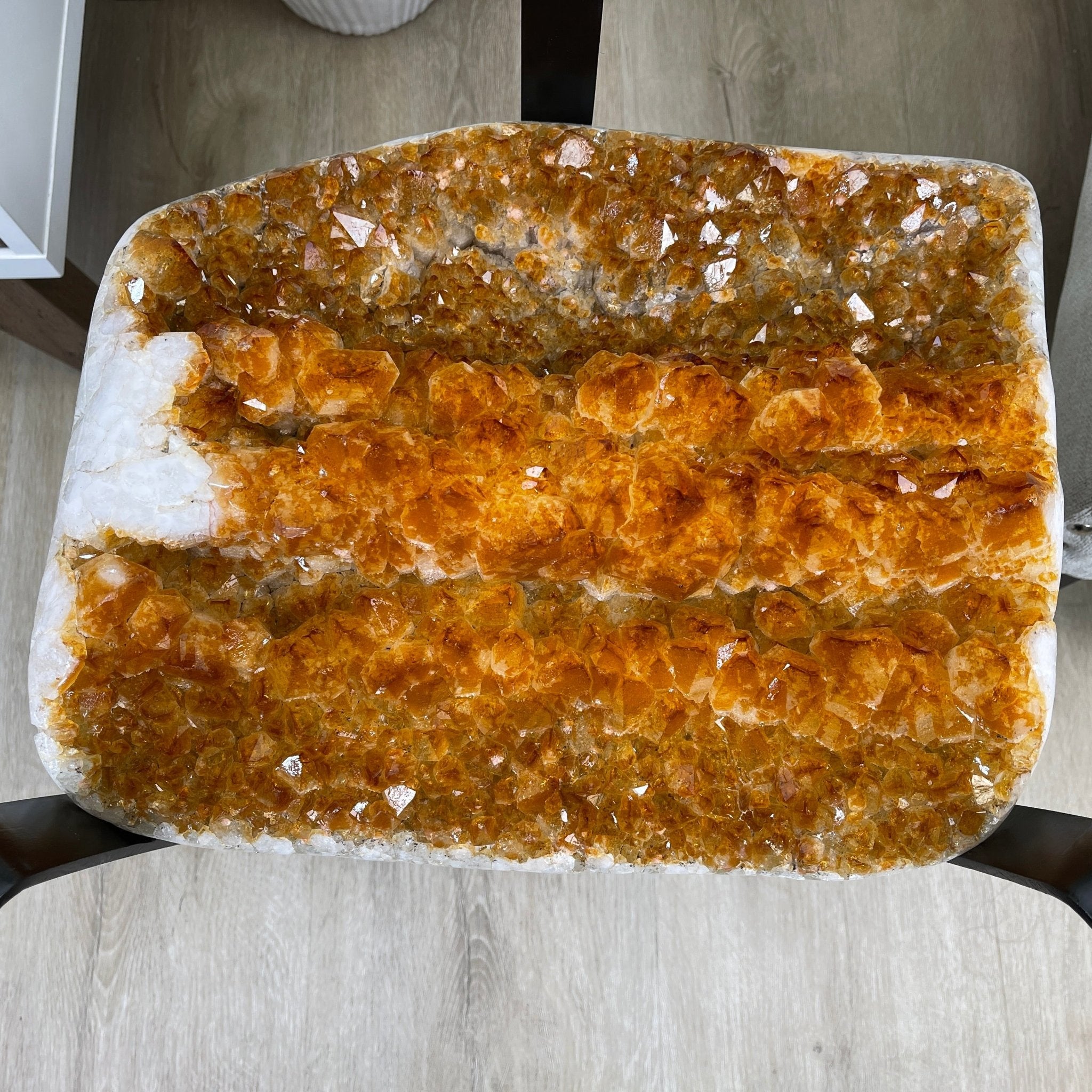 Extra Plus Quality Brazilian Citrine Geode Coffee Table, 53.3 lbs, 17.8" tall on metal base #1386-0017 by Brazil Gems - Brazil GemsBrazil GemsExtra Plus Quality Brazilian Citrine Geode Coffee Table, 53.3 lbs, 17.8" tall on metal base #1386-0017 by Brazil GemsTables: Coffee1386-0017