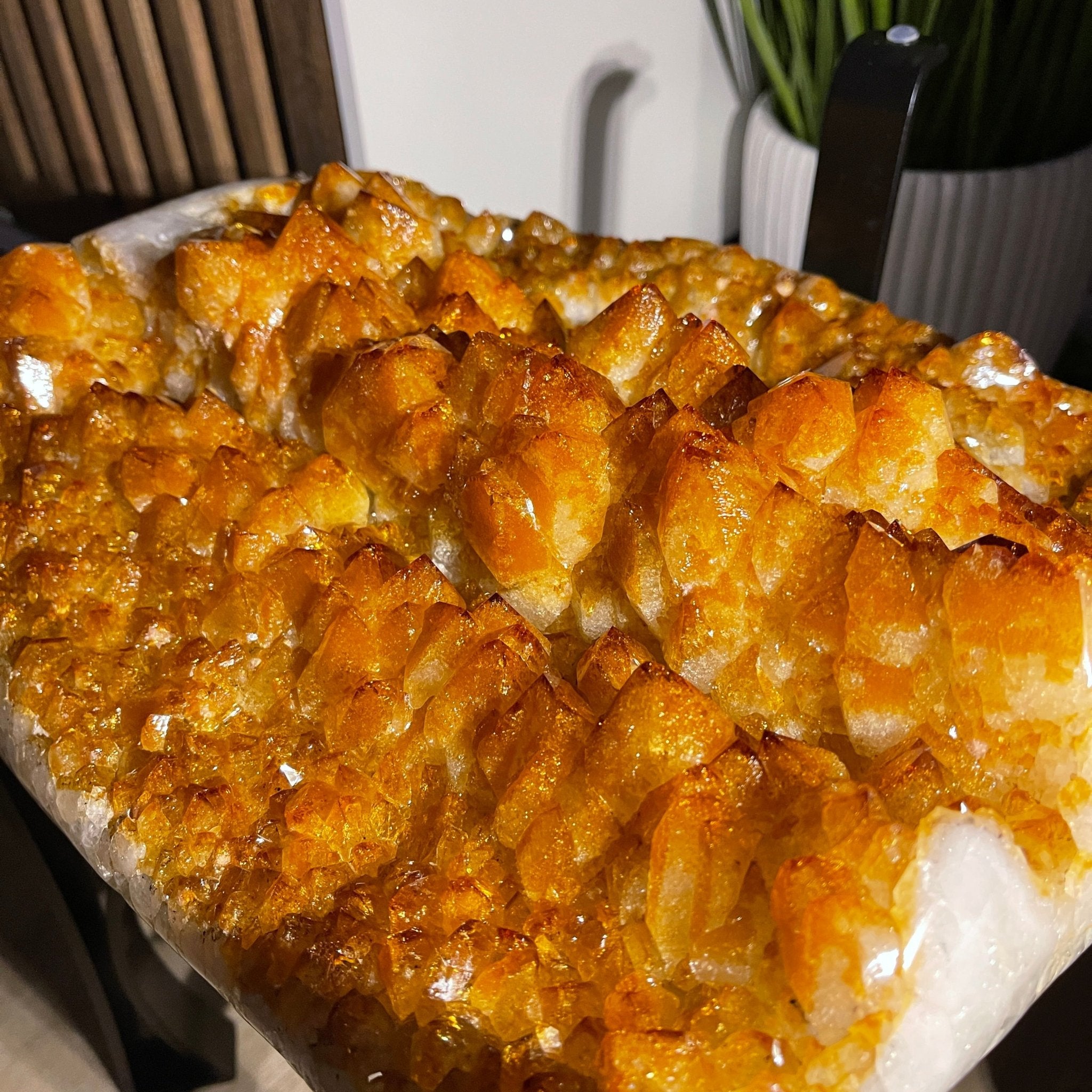 Extra Plus Quality Brazilian Citrine Geode Coffee Table, 53.3 lbs, 17.8" tall on metal base #1386-0017 by Brazil Gems - Brazil GemsBrazil GemsExtra Plus Quality Brazilian Citrine Geode Coffee Table, 53.3 lbs, 17.8" tall on metal base #1386-0017 by Brazil GemsTables: Coffee1386-0017