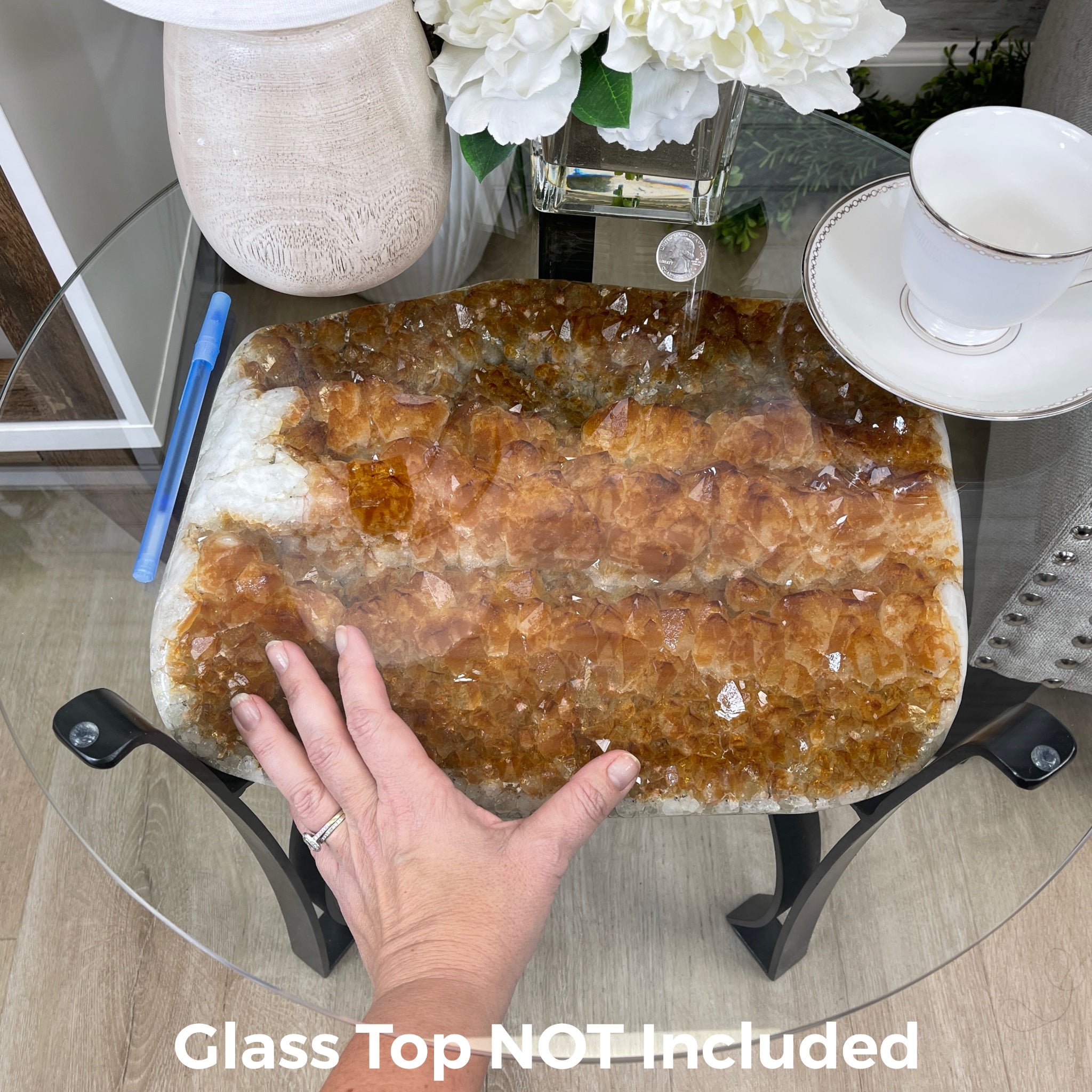 Extra Plus Quality Brazilian Citrine Geode Coffee Table, 53.3 lbs, 17.8" tall on metal base #1386-0017 by Brazil Gems - Brazil GemsBrazil GemsExtra Plus Quality Brazilian Citrine Geode Coffee Table, 53.3 lbs, 17.8" tall on metal base #1386-0017 by Brazil GemsTables: Coffee1386-0017
