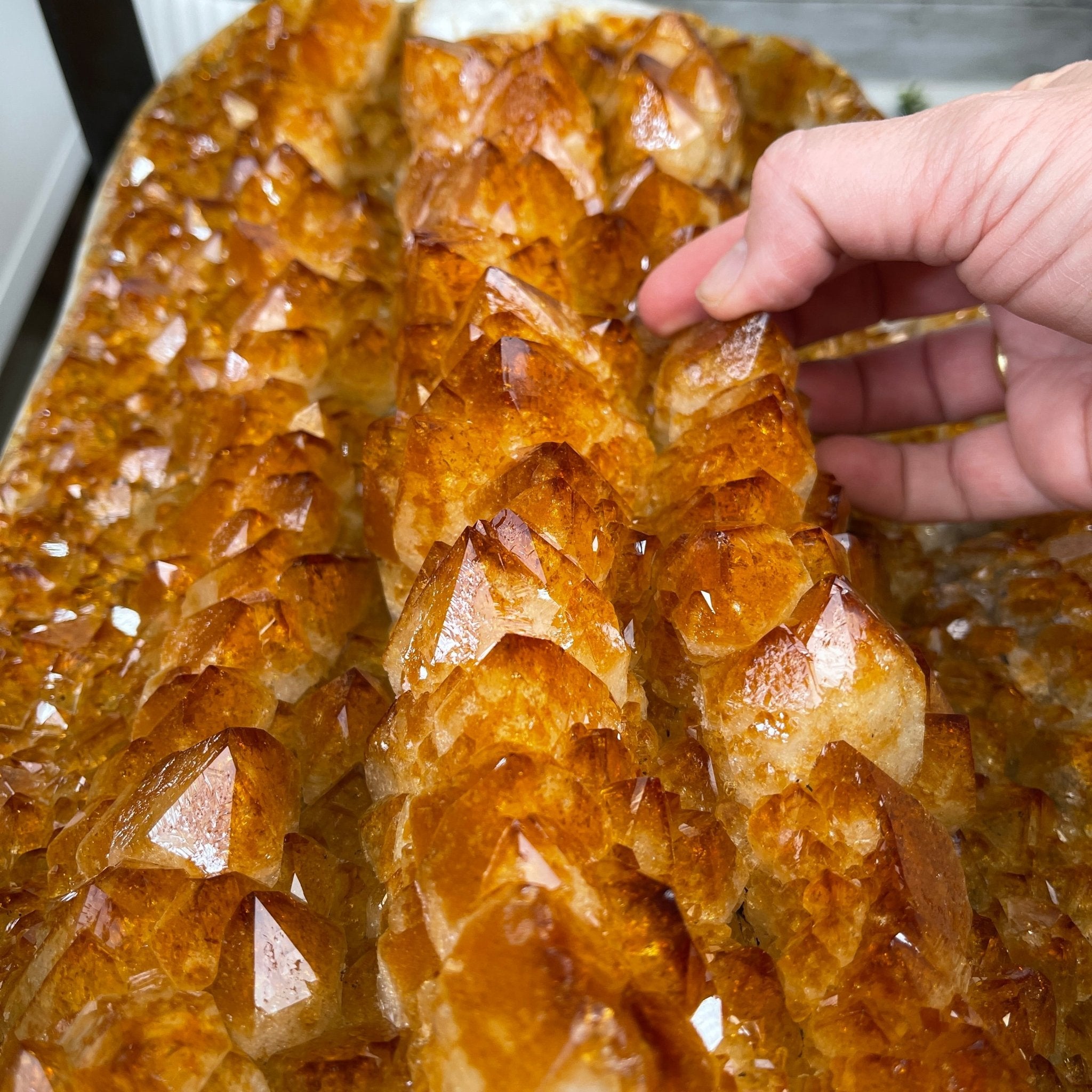 Extra Plus Quality Brazilian Citrine Geode Coffee Table, 53.3 lbs, 17.8" tall on metal base #1386-0017 by Brazil Gems - Brazil GemsBrazil GemsExtra Plus Quality Brazilian Citrine Geode Coffee Table, 53.3 lbs, 17.8" tall on metal base #1386-0017 by Brazil GemsTables: Coffee1386-0017