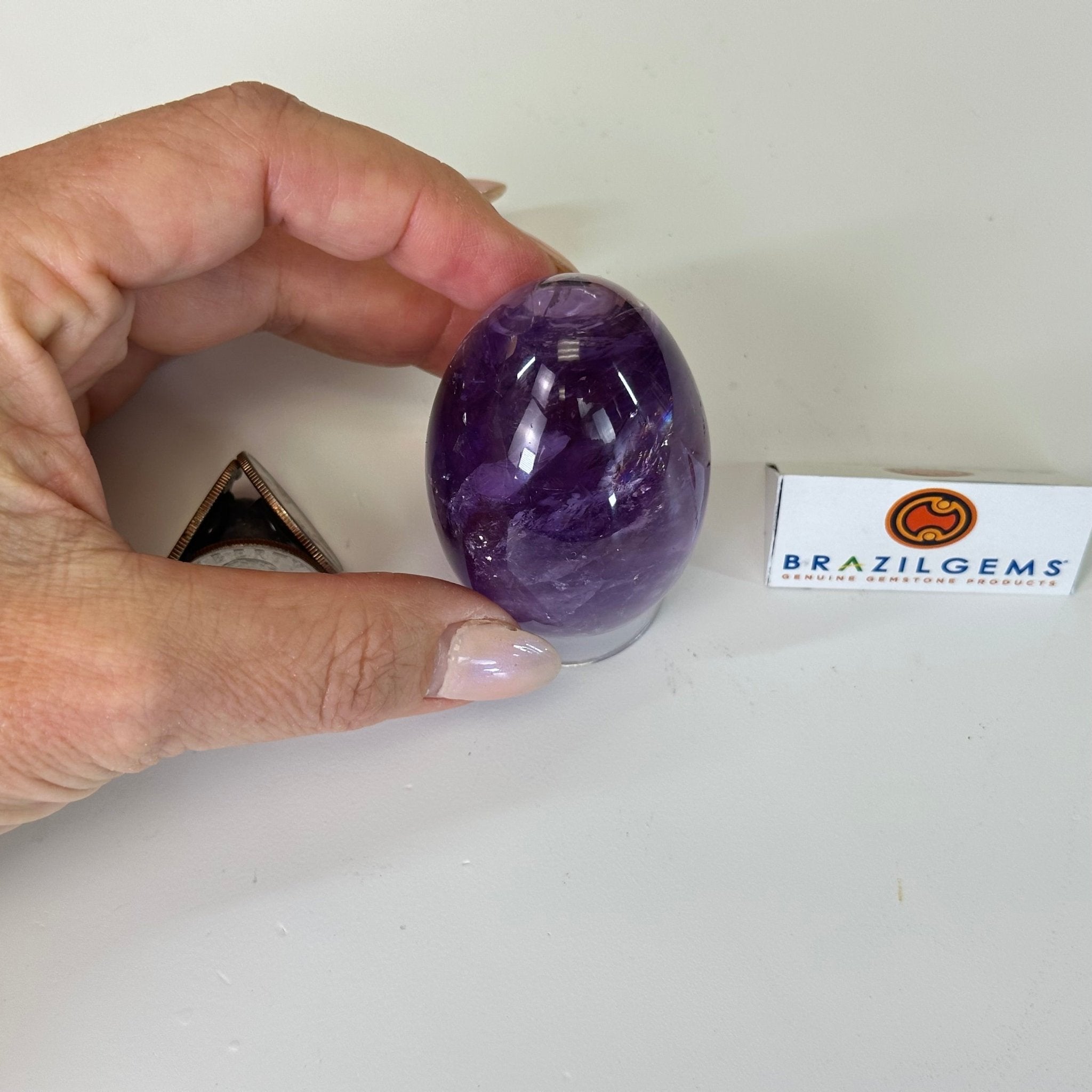 Extra Plus Quality Polished Amethyst Egg w/ Acrylic Stand, 2.6” Tall #3995AM - 001 - Brazil GemsBrazil GemsExtra Plus Quality Polished Amethyst Egg w/ Acrylic Stand, 2.6” Tall #3995AM - 001Freeform & Unique Shapes3995AM - 001