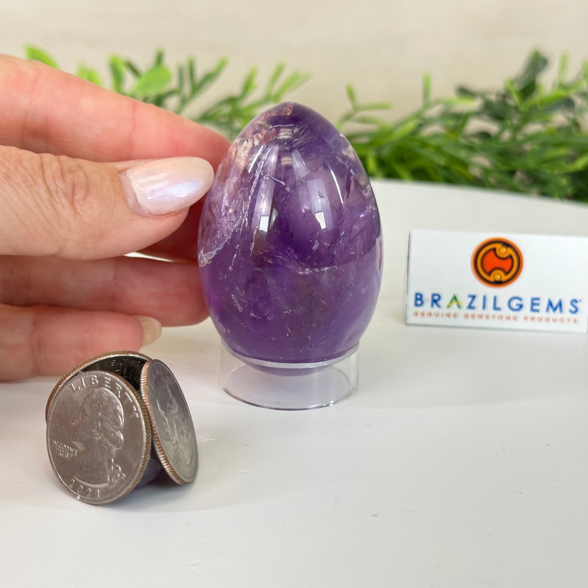 Extra Plus Quality Polished Amethyst Egg w/ Acrylic Stand, 2.6” Tall #3995AM - 001 - Brazil GemsBrazil GemsExtra Plus Quality Polished Amethyst Egg w/ Acrylic Stand, 2.6” Tall #3995AM - 001Freeform & Unique Shapes3995AM - 001