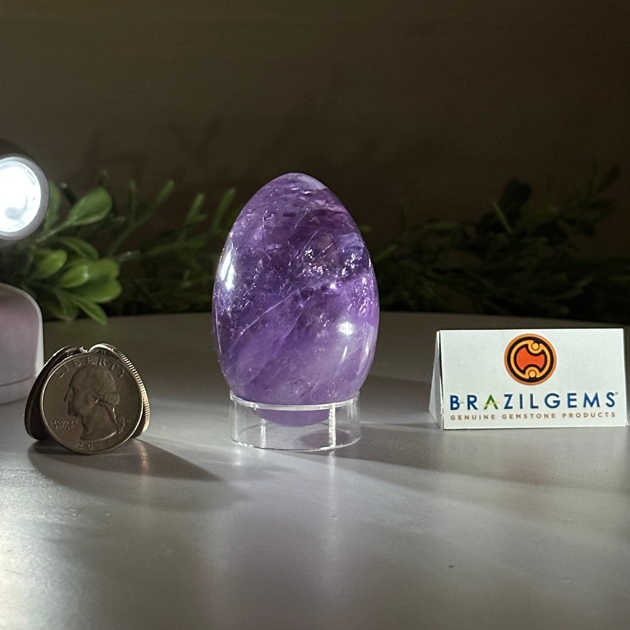 Extra Plus Quality Polished Amethyst Egg w/ Acrylic Stand, 2.6” Tall #3995AM - 001 - Brazil GemsBrazil GemsExtra Plus Quality Polished Amethyst Egg w/ Acrylic Stand, 2.6” Tall #3995AM - 001Freeform & Unique Shapes3995AM - 001