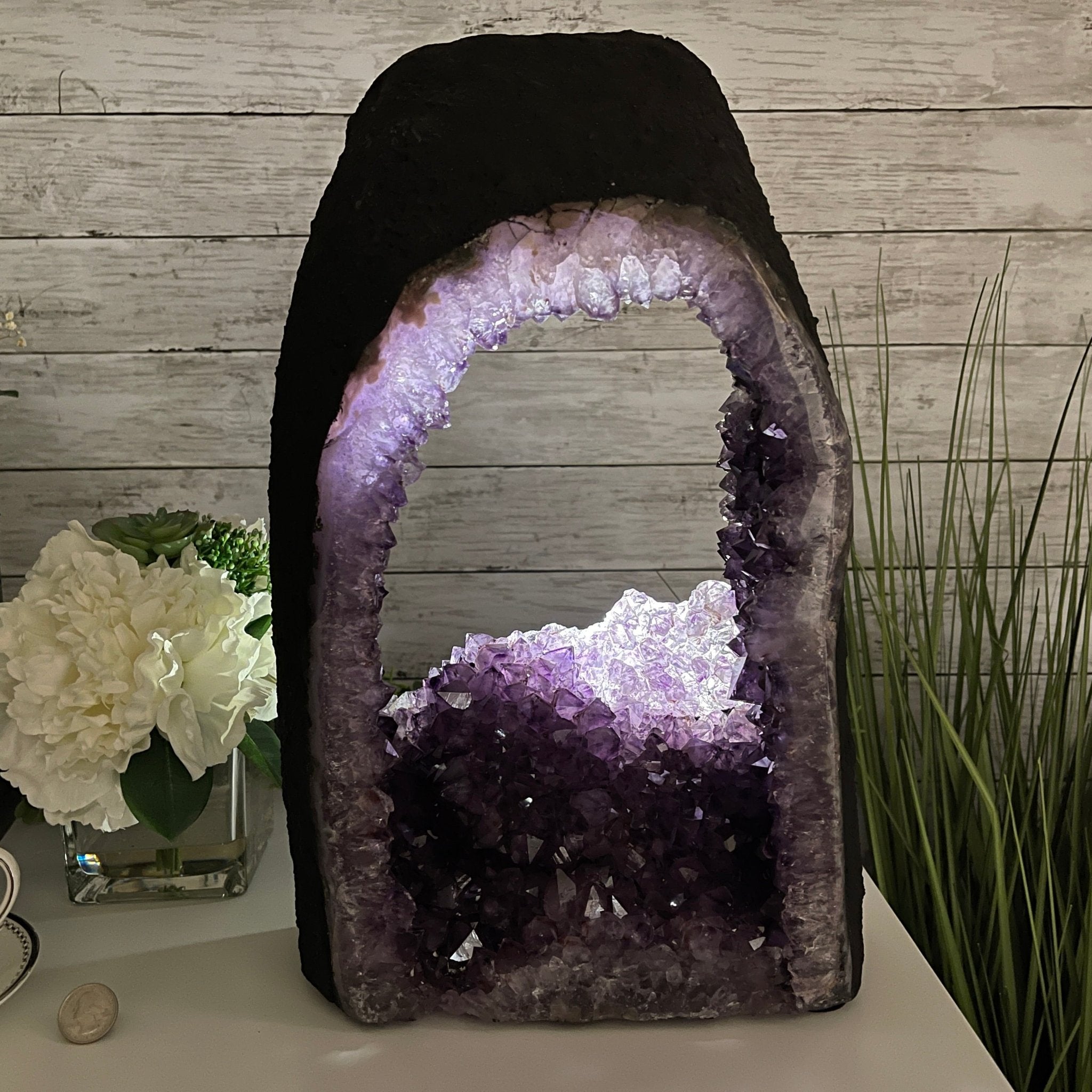 Extra Quality 2-Sided Brazilian Amethyst Cathedral, 28 lbs, 16.7" tall, #5605-0056 by Brazil Gems - Brazil GemsBrazil GemsExtra Quality 2-Sided Brazilian Amethyst Cathedral, 28 lbs, 16.7" tall, #5605-0056 by Brazil GemsOpen 2-Sided Cathedrals5605-0056