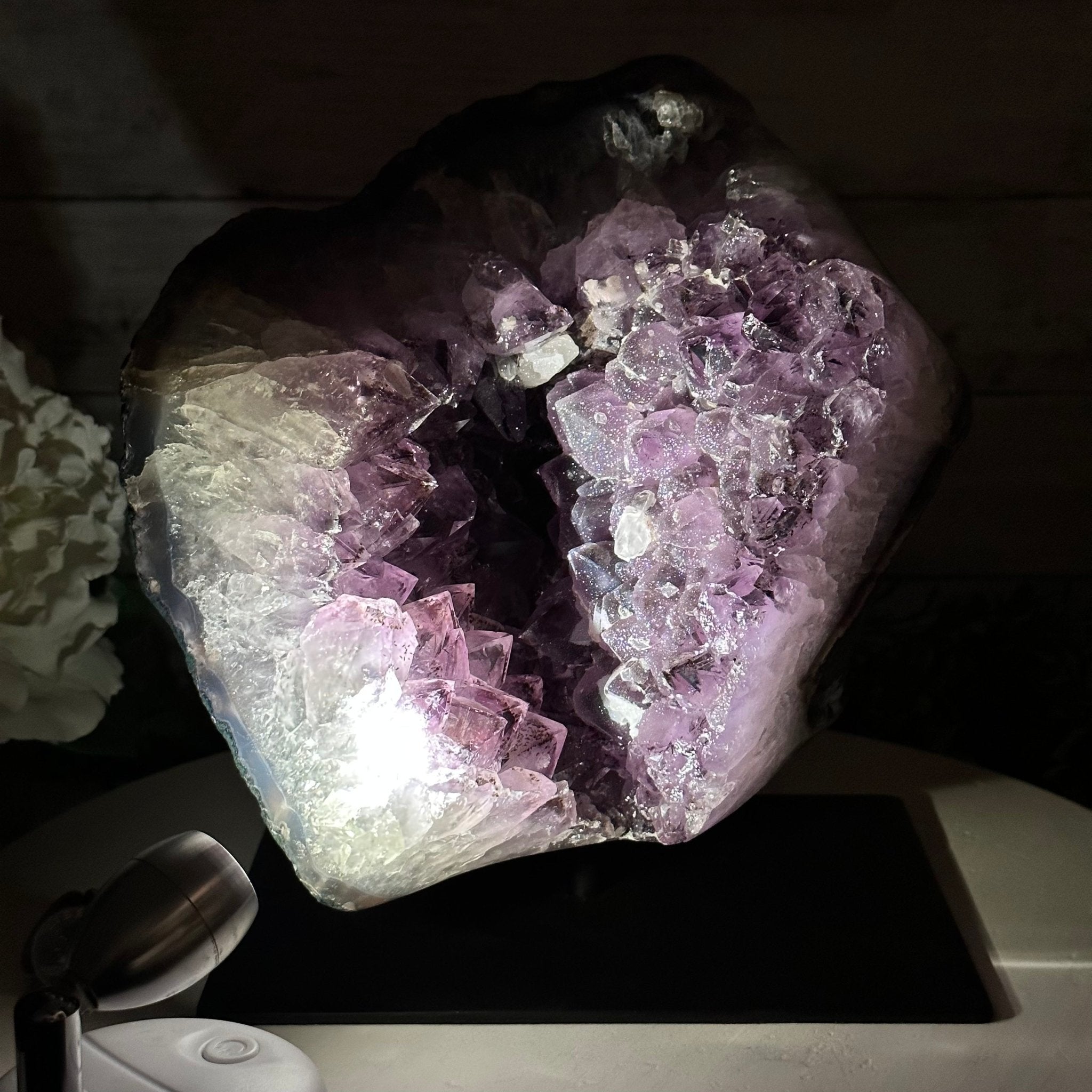 Extra Quality Amethyst Cluster on a Metal Base, 14.7 lbs & 9" Tall, Model #5491-0089 by Brazil Gems - Brazil GemsBrazil GemsExtra Quality Amethyst Cluster on a Metal Base, 14.7 lbs & 9" Tall, Model #5491-0089 by Brazil GemsClusters on Fixed Bases5491-0089