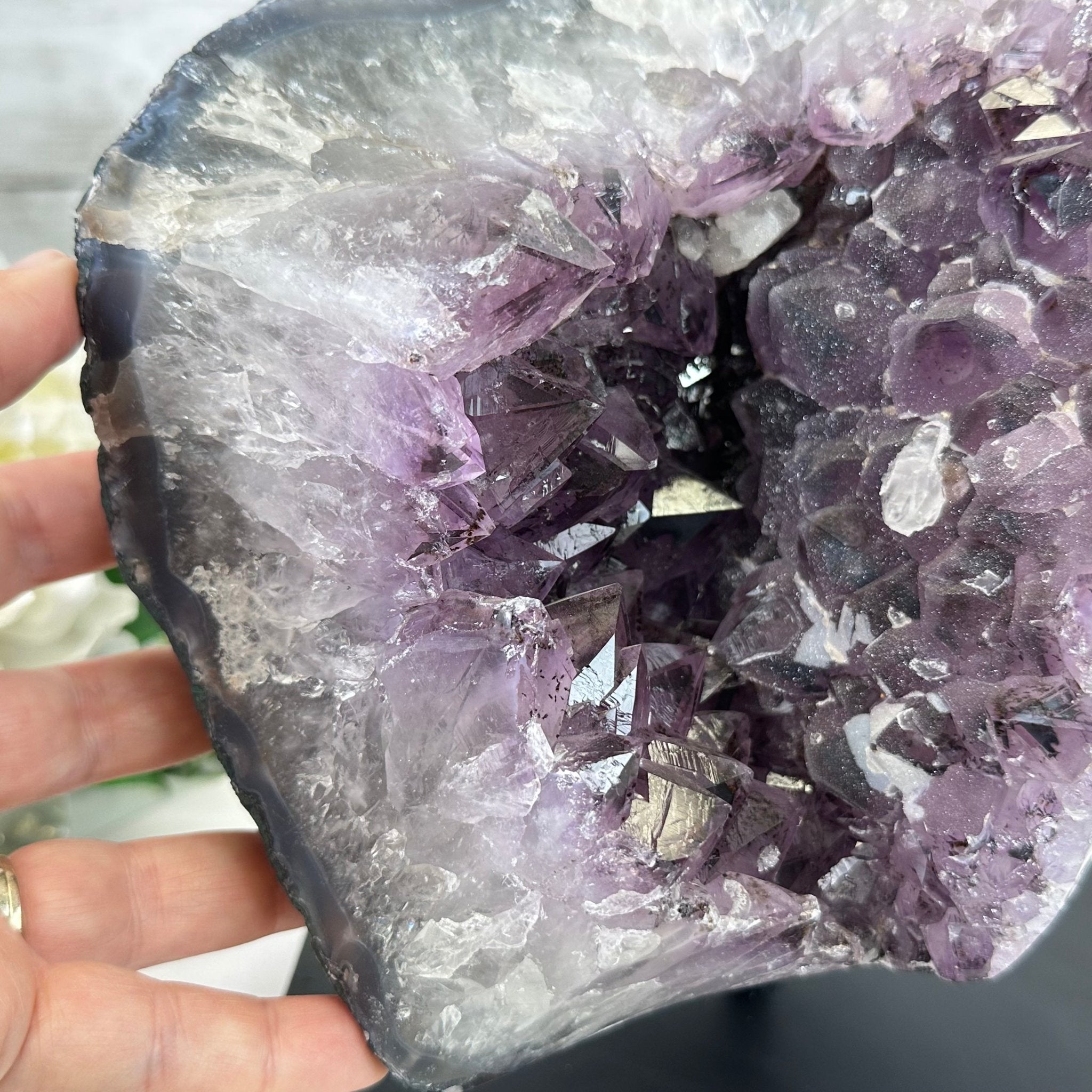 Extra Quality Amethyst Cluster on a Metal Base, 14.7 lbs & 9" Tall, Model #5491-0089 by Brazil Gems - Brazil GemsBrazil GemsExtra Quality Amethyst Cluster on a Metal Base, 14.7 lbs & 9" Tall, Model #5491-0089 by Brazil GemsClusters on Fixed Bases5491-0089