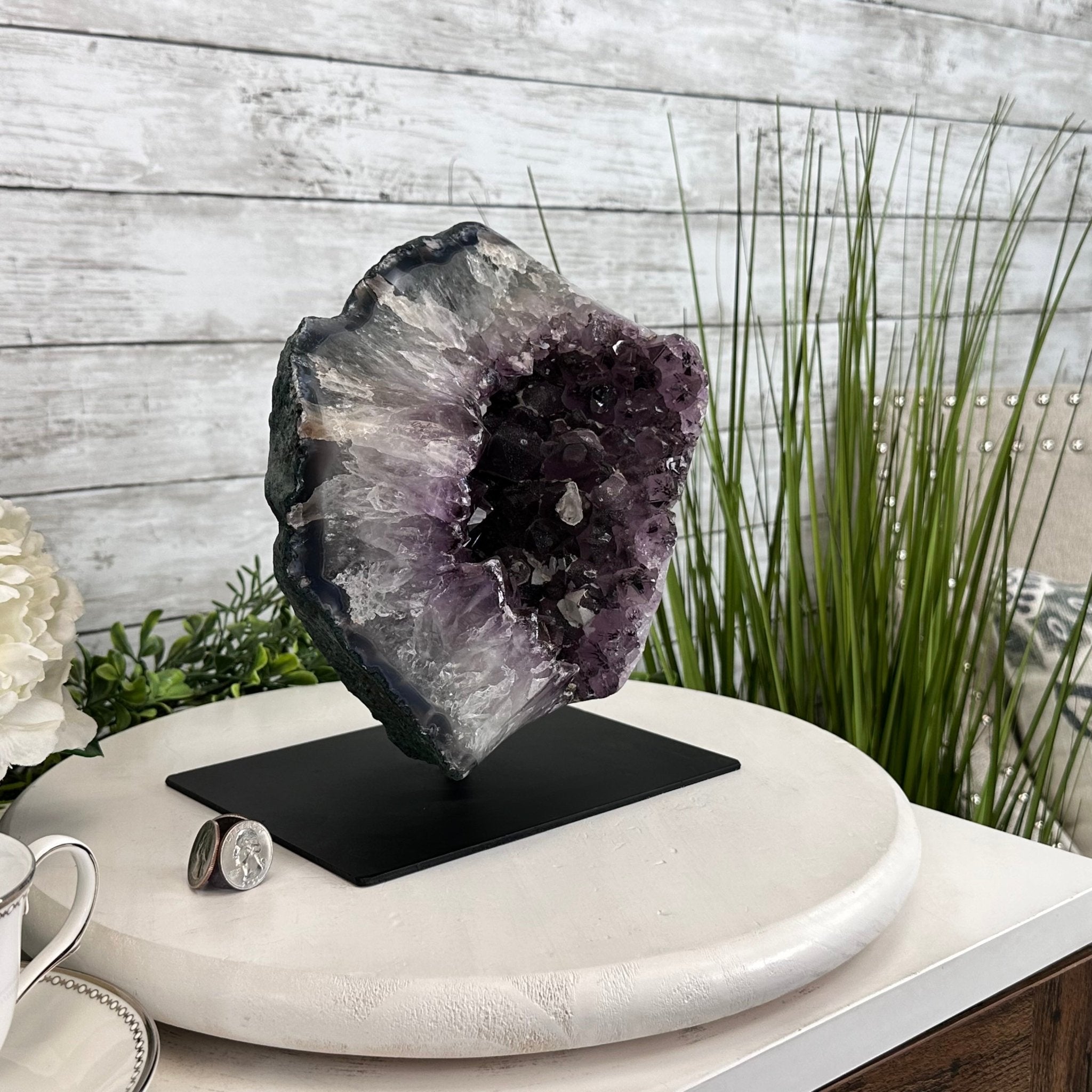 Extra Quality Amethyst Cluster on a Metal Base, 14.7 lbs & 9" Tall, Model #5491-0089 by Brazil Gems - Brazil GemsBrazil GemsExtra Quality Amethyst Cluster on a Metal Base, 14.7 lbs & 9" Tall, Model #5491-0089 by Brazil GemsClusters on Fixed Bases5491-0089