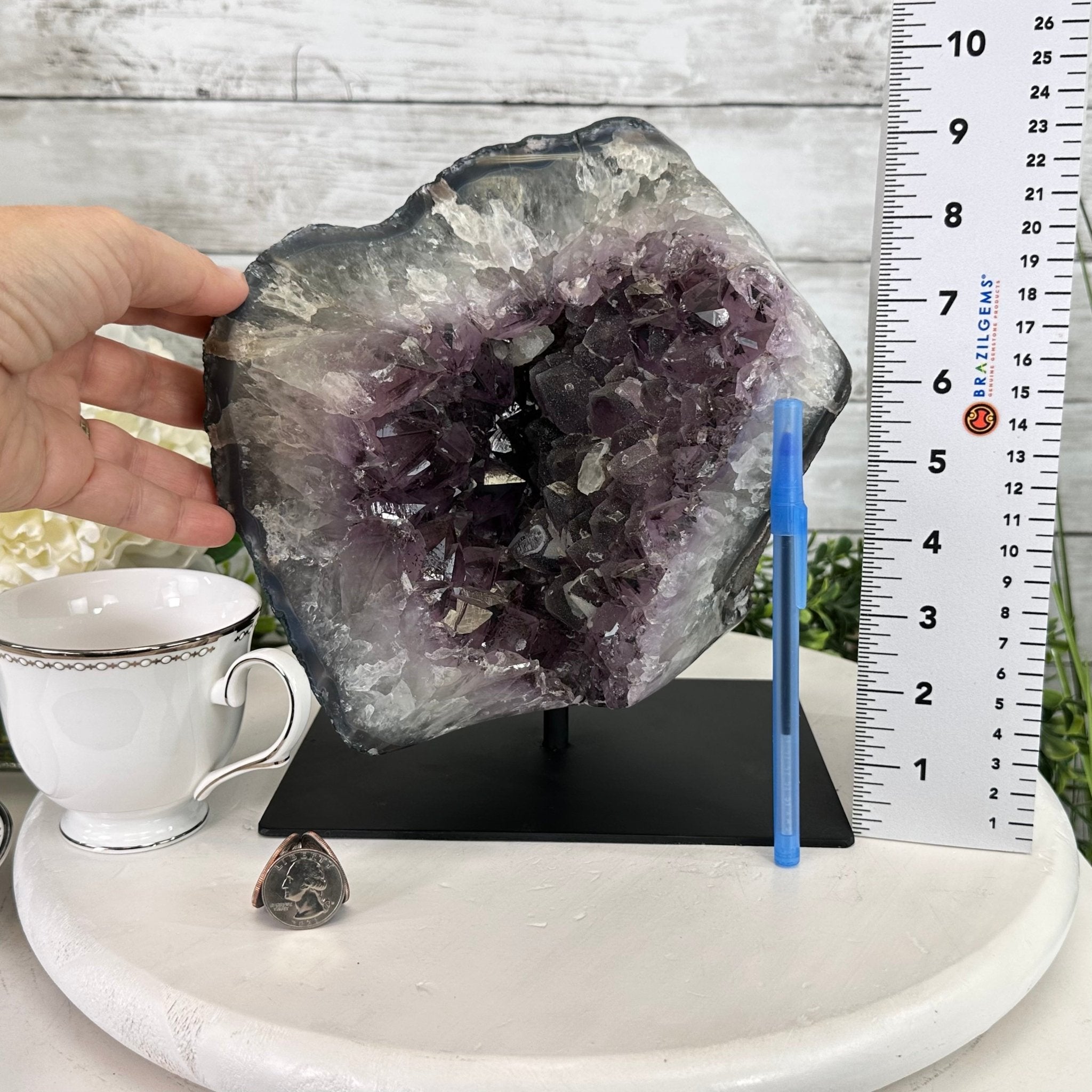 Extra Quality Amethyst Cluster on a Metal Base, 14.7 lbs & 9" Tall, Model #5491-0089 by Brazil Gems - Brazil GemsBrazil GemsExtra Quality Amethyst Cluster on a Metal Base, 14.7 lbs & 9" Tall, Model #5491-0089 by Brazil GemsClusters on Fixed Bases5491-0089
