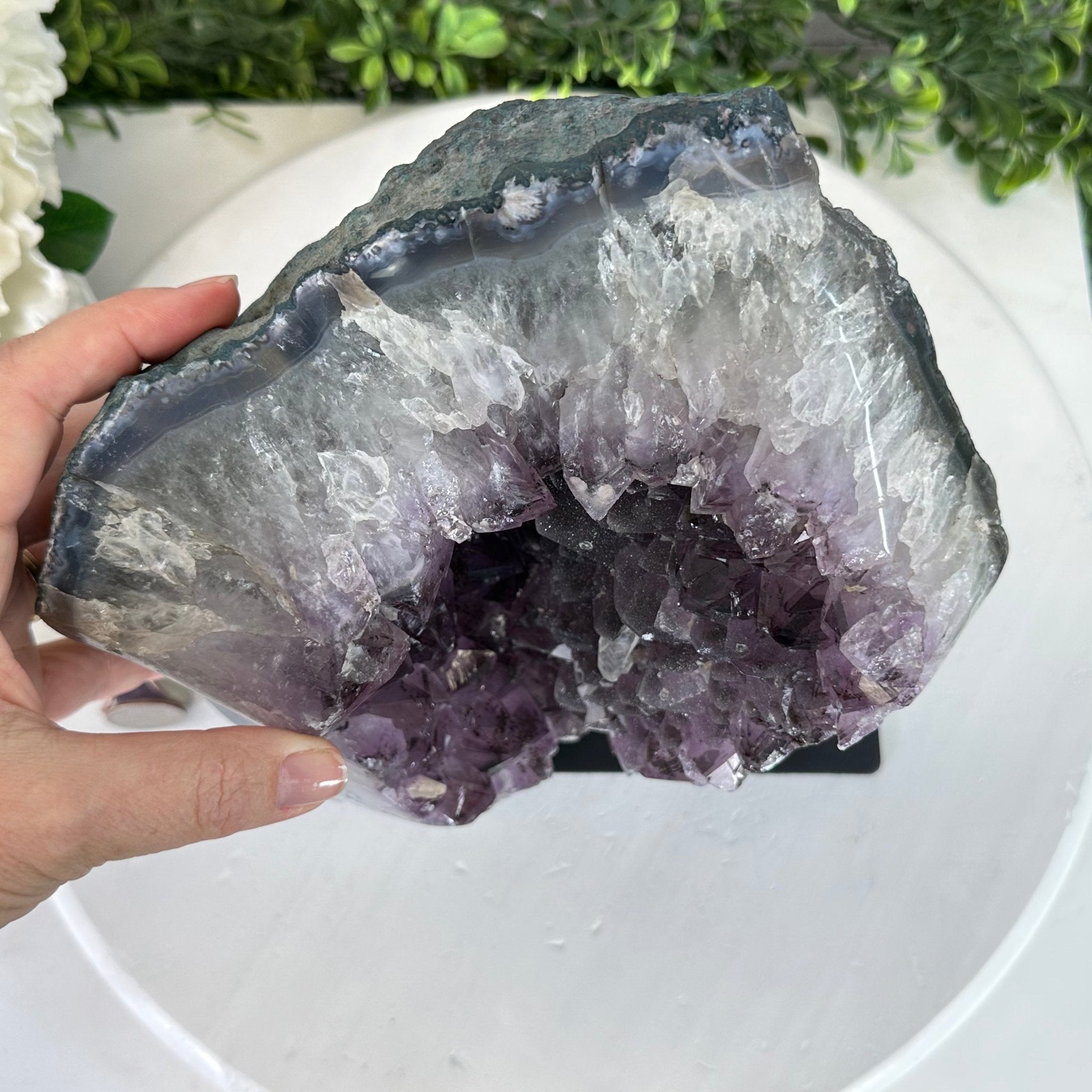 Extra Quality Amethyst Cluster on a Metal Base, 14.7 lbs & 9" Tall, Model #5491-0089 by Brazil Gems - Brazil GemsBrazil GemsExtra Quality Amethyst Cluster on a Metal Base, 14.7 lbs & 9" Tall, Model #5491-0089 by Brazil GemsClusters on Fixed Bases5491-0089