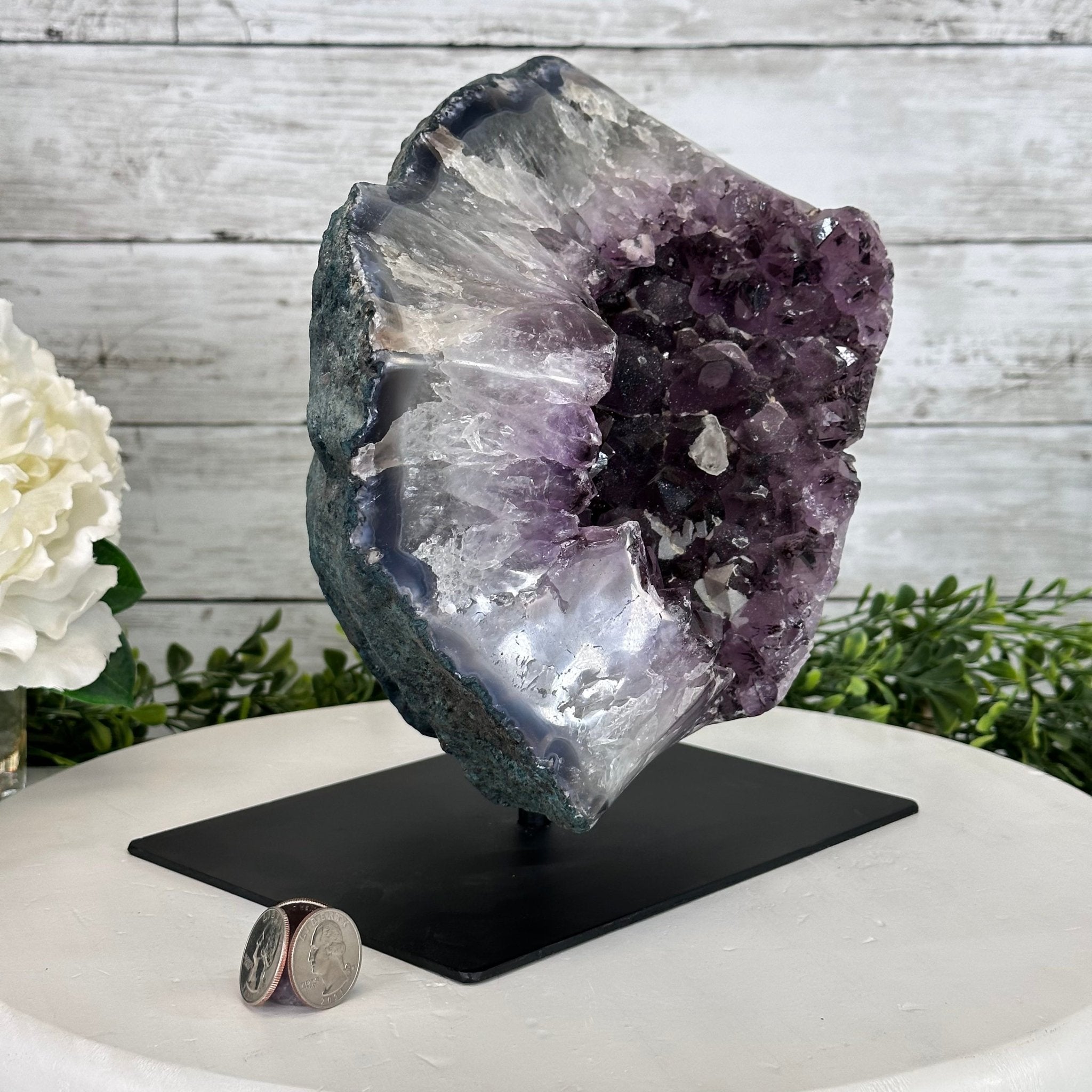 Extra Quality Amethyst Cluster on a Metal Base, 14.7 lbs & 9" Tall, Model #5491-0089 by Brazil Gems - Brazil GemsBrazil GemsExtra Quality Amethyst Cluster on a Metal Base, 14.7 lbs & 9" Tall, Model #5491-0089 by Brazil GemsClusters on Fixed Bases5491-0089