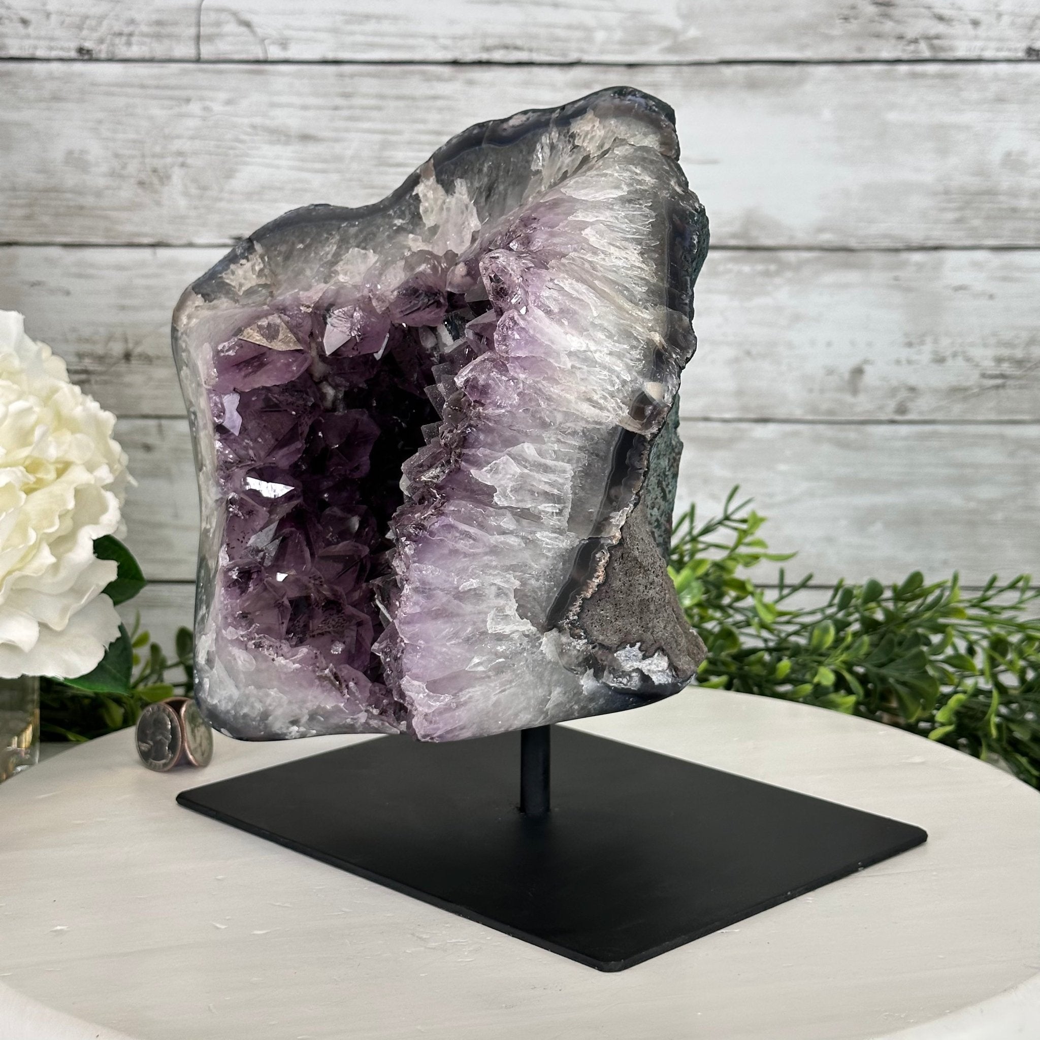 Extra Quality Amethyst Cluster on a Metal Base, 14.7 lbs & 9" Tall, Model #5491-0089 by Brazil Gems - Brazil GemsBrazil GemsExtra Quality Amethyst Cluster on a Metal Base, 14.7 lbs & 9" Tall, Model #5491-0089 by Brazil GemsClusters on Fixed Bases5491-0089