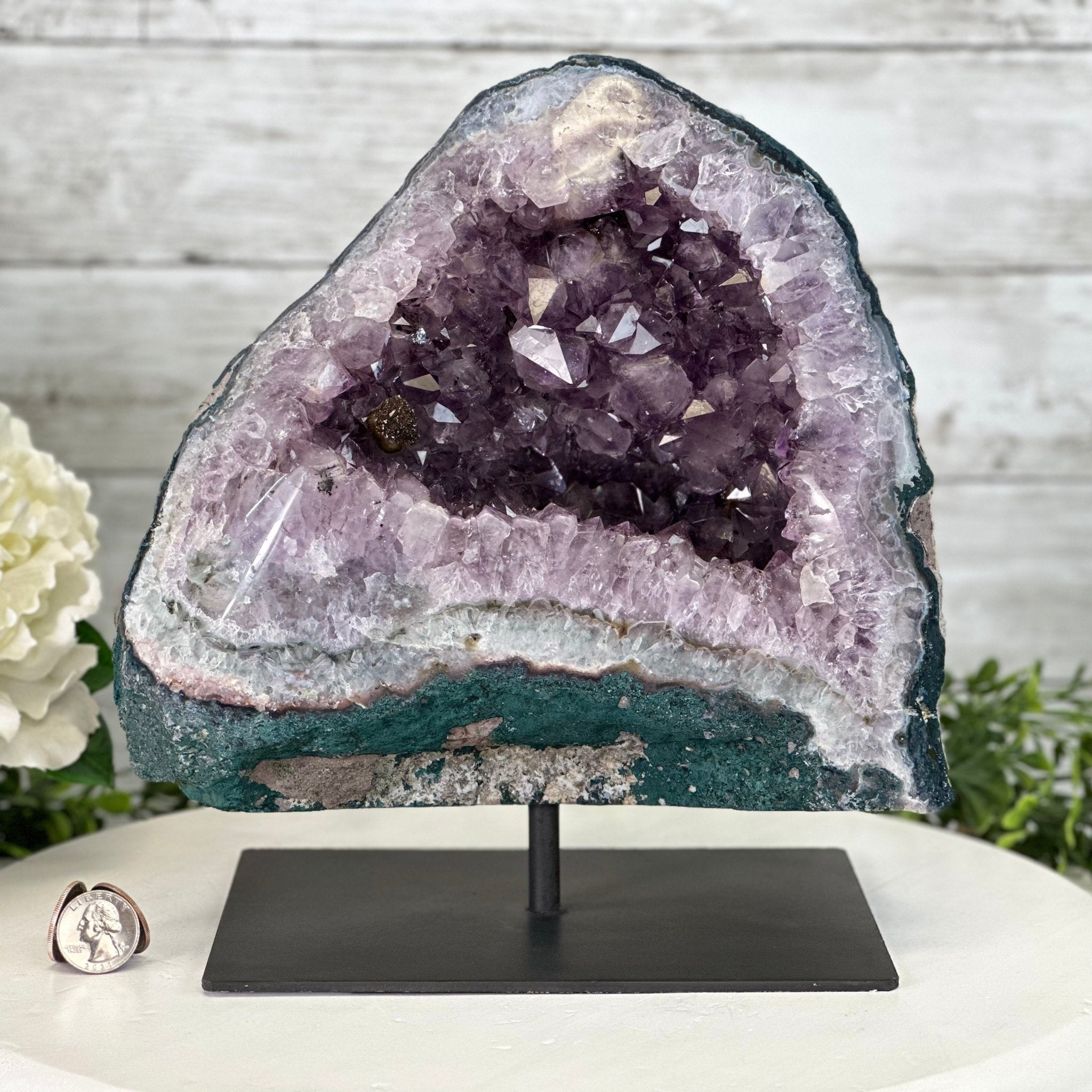 Extra Quality Amethyst Cluster on a Metal Base, 16 lbs & 10.25" Tall, Model #5491-0092 by Brazil Gems - Brazil GemsBrazil GemsExtra Quality Amethyst Cluster on a Metal Base, 16 lbs & 10.25" Tall, Model #5491-0092 by Brazil GemsClusters on Fixed Bases5491-0092