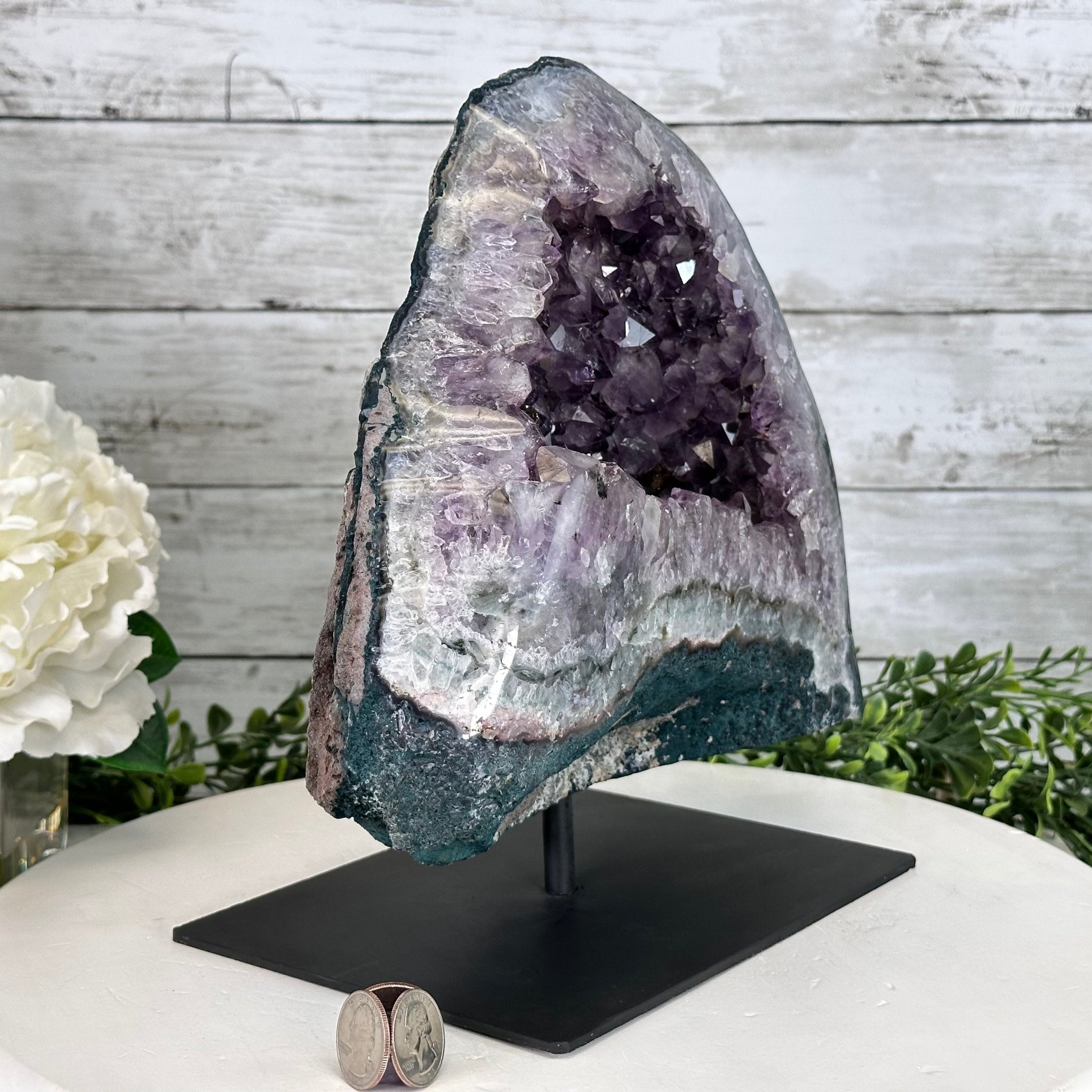 Extra Quality Amethyst Cluster on a Metal Base, 16 lbs & 10.25" Tall, Model #5491-0092 by Brazil Gems - Brazil GemsBrazil GemsExtra Quality Amethyst Cluster on a Metal Base, 16 lbs & 10.25" Tall, Model #5491-0092 by Brazil GemsClusters on Fixed Bases5491-0092