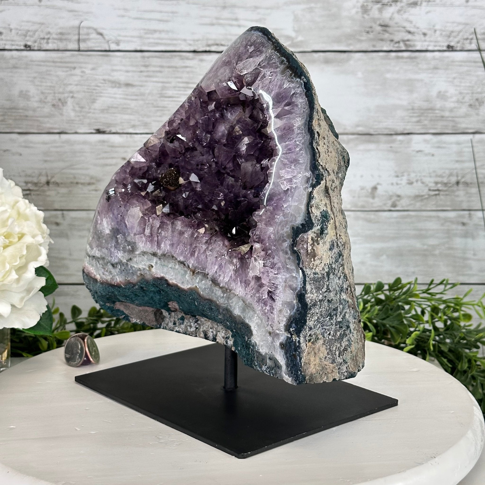 Extra Quality Amethyst Cluster on a Metal Base, 16 lbs & 10.25" Tall, Model #5491-0092 by Brazil Gems - Brazil GemsBrazil GemsExtra Quality Amethyst Cluster on a Metal Base, 16 lbs & 10.25" Tall, Model #5491-0092 by Brazil GemsClusters on Fixed Bases5491-0092