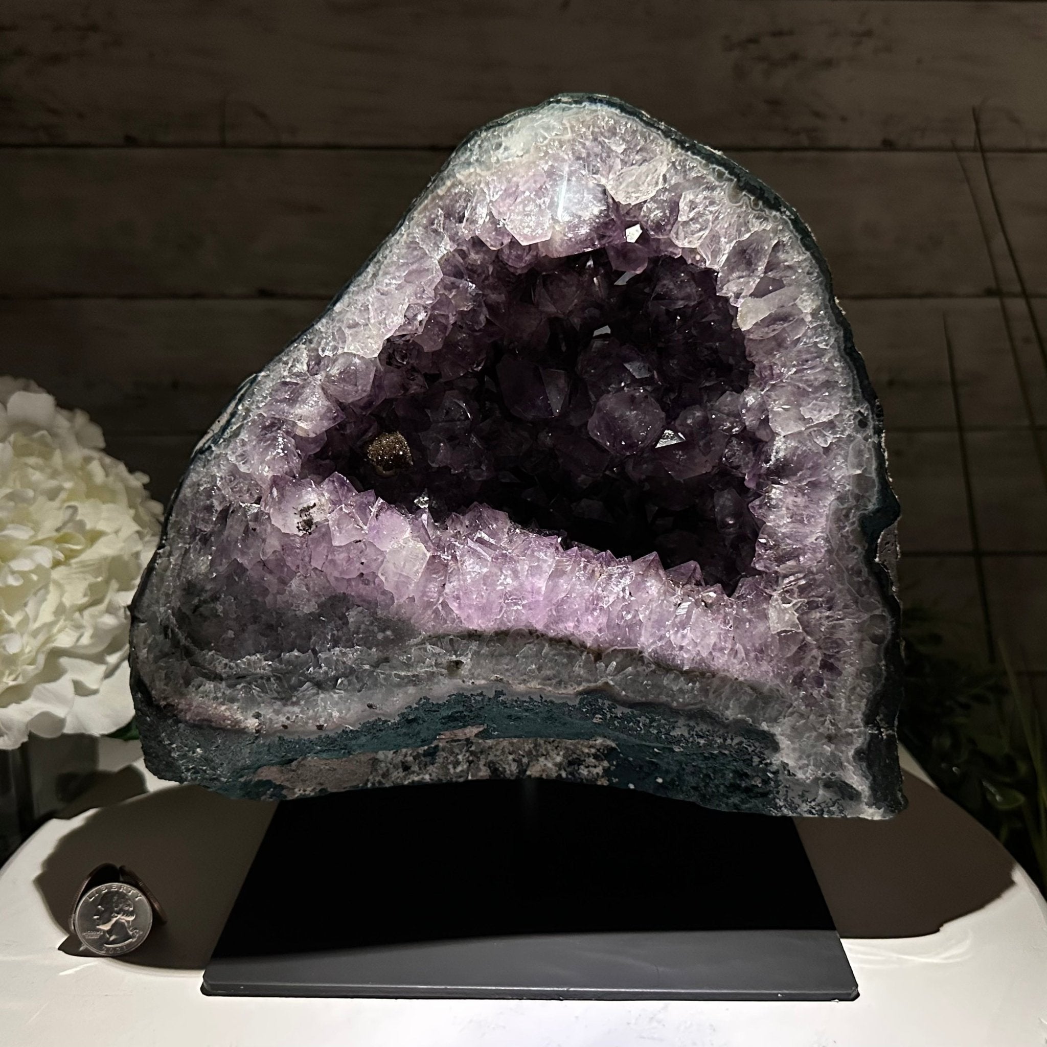 Extra Quality Amethyst Cluster on a Metal Base, 16 lbs & 10.25" Tall, Model #5491-0092 by Brazil Gems - Brazil GemsBrazil GemsExtra Quality Amethyst Cluster on a Metal Base, 16 lbs & 10.25" Tall, Model #5491-0092 by Brazil GemsClusters on Fixed Bases5491-0092
