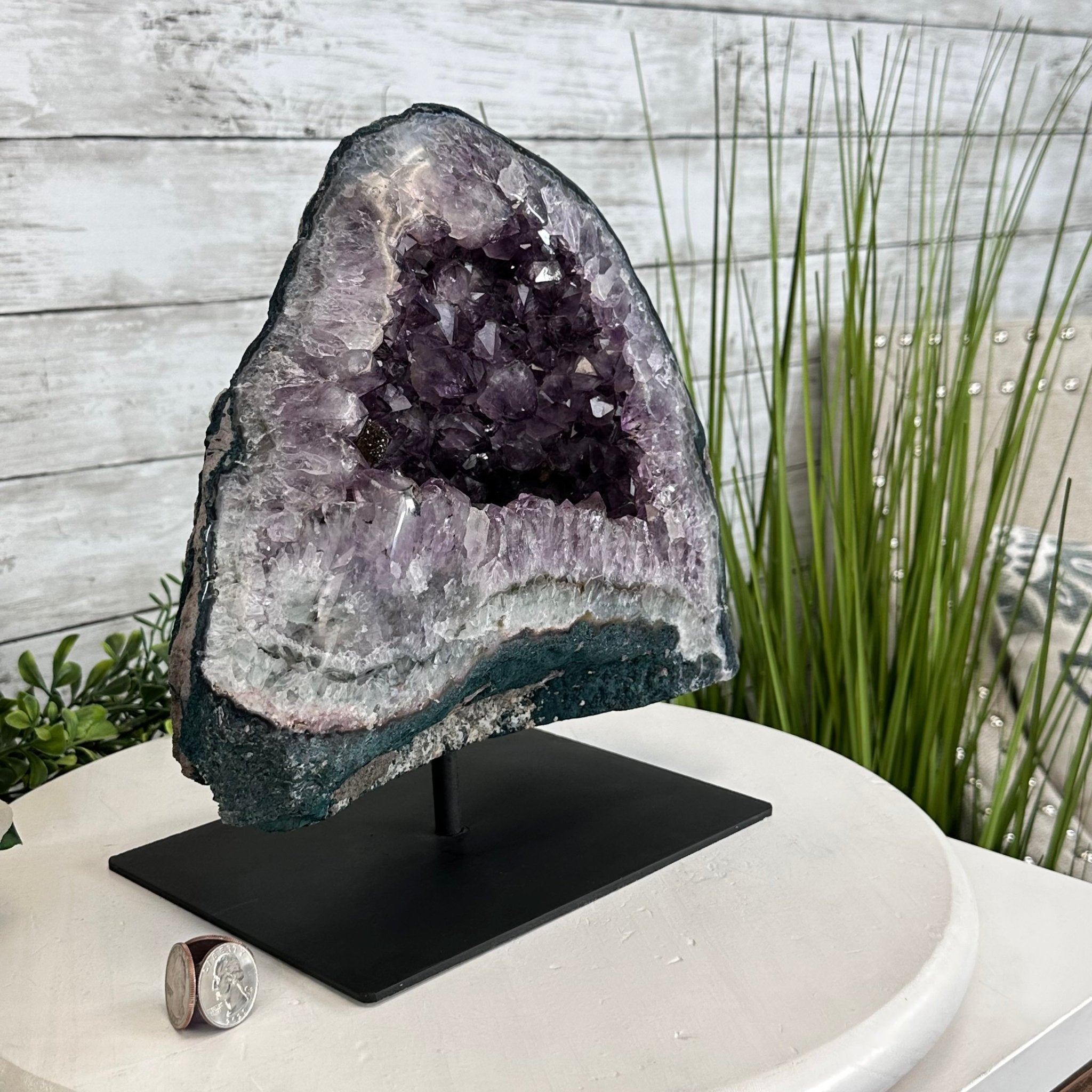 Extra Quality Amethyst Cluster on a Metal Base, 16 lbs & 10.25" Tall, Model #5491-0092 by Brazil Gems - Brazil GemsBrazil GemsExtra Quality Amethyst Cluster on a Metal Base, 16 lbs & 10.25" Tall, Model #5491-0092 by Brazil GemsClusters on Fixed Bases5491-0092