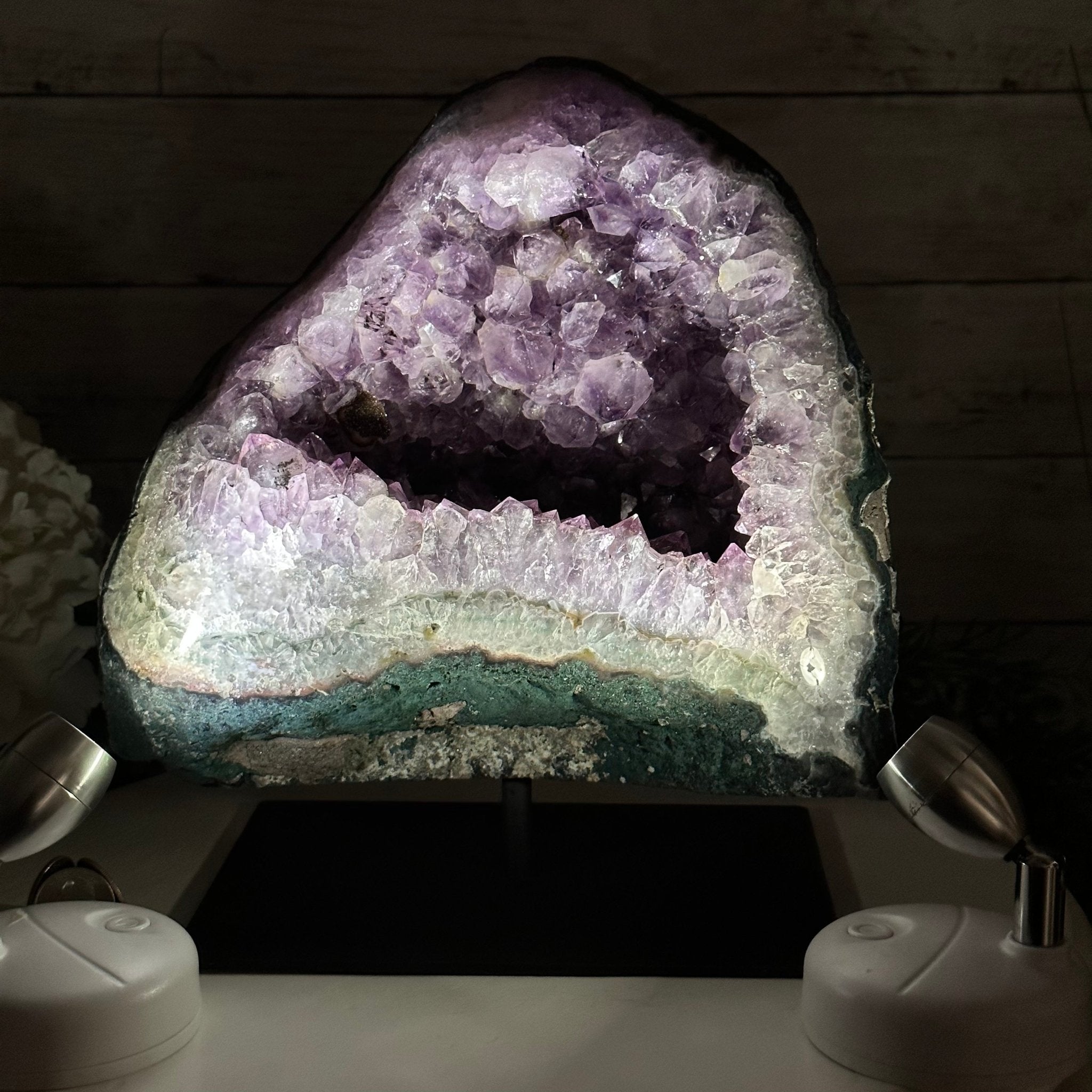 Extra Quality Amethyst Cluster on a Metal Base, 16 lbs & 10.25" Tall, Model #5491-0092 by Brazil Gems - Brazil GemsBrazil GemsExtra Quality Amethyst Cluster on a Metal Base, 16 lbs & 10.25" Tall, Model #5491-0092 by Brazil GemsClusters on Fixed Bases5491-0092