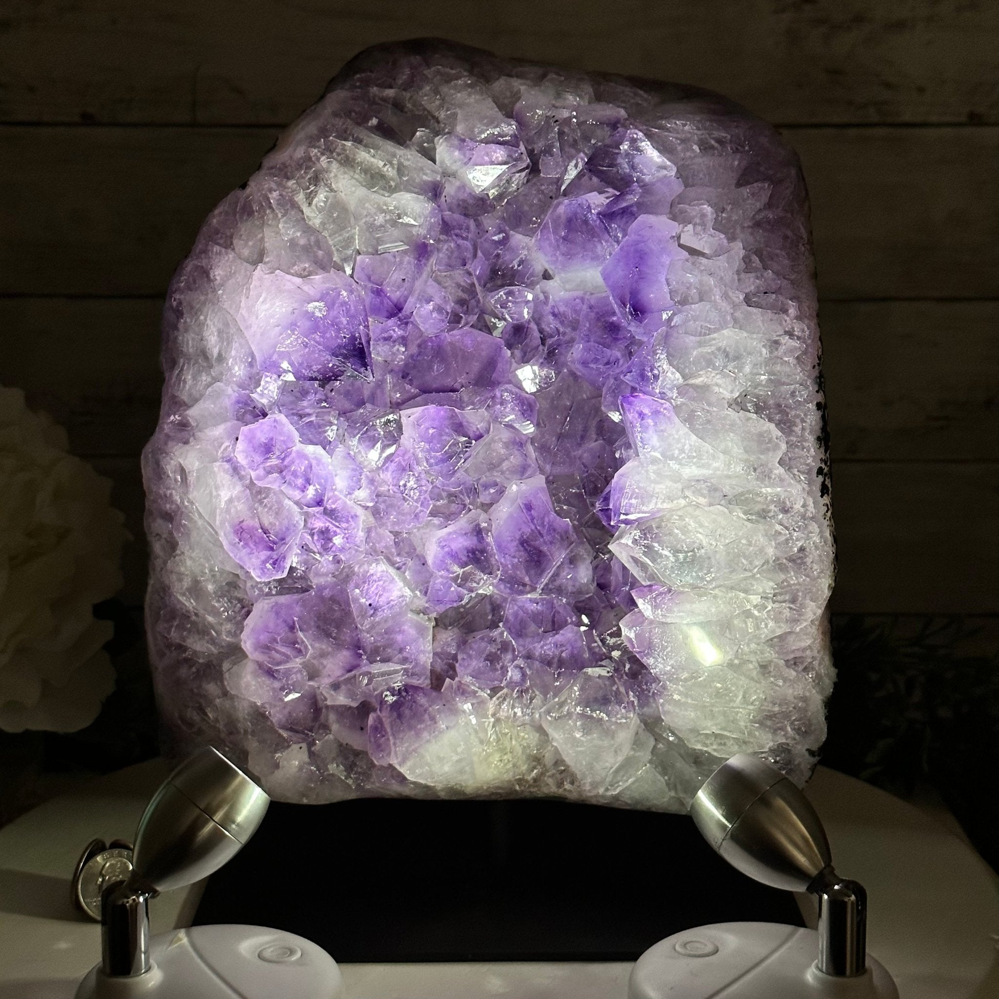 Extra Quality Amethyst Cluster on a Metal Base, 19.1 lbs & 11" Tall, Model #5491-0095 by Brazil Gems - Brazil GemsBrazil GemsExtra Quality Amethyst Cluster on a Metal Base, 19.1 lbs & 11" Tall, Model #5491-0095 by Brazil GemsClusters on Fixed Bases5491-0095